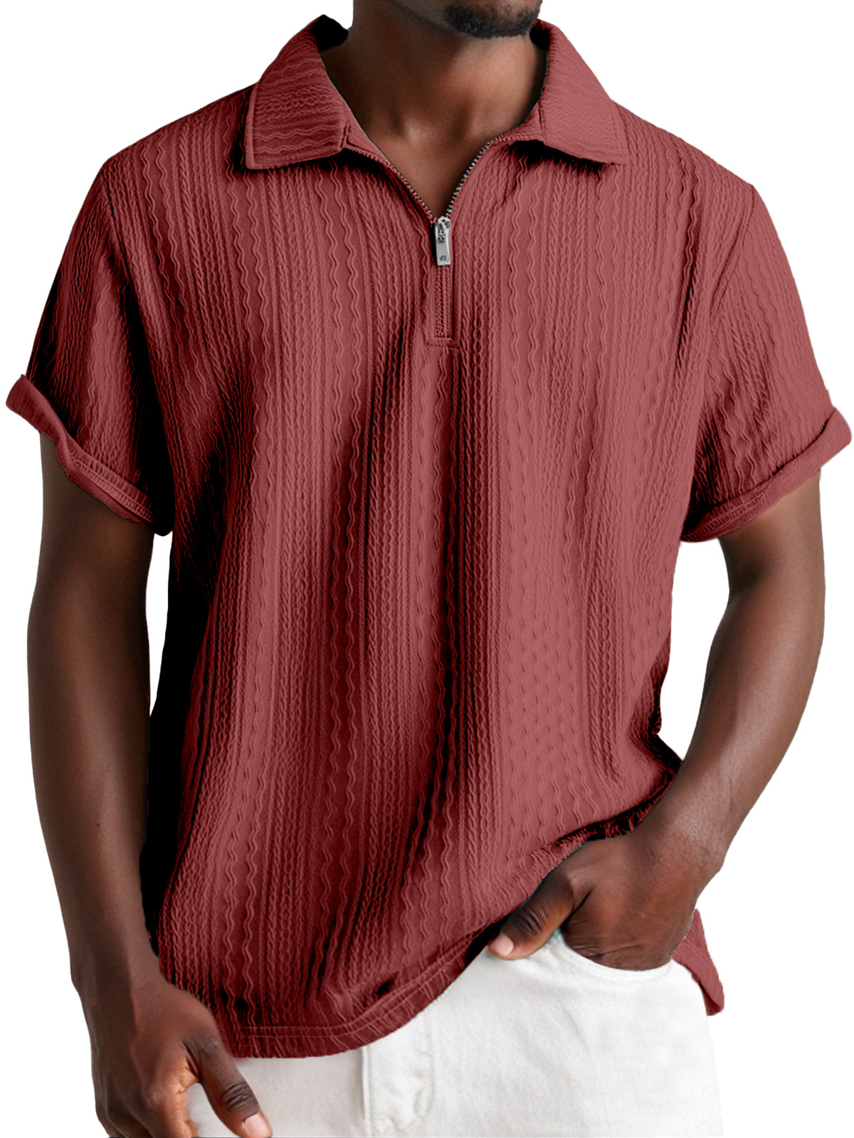 Men's Everyday Design Textured Short-sleeved Lapel Zipper Polo Shirt