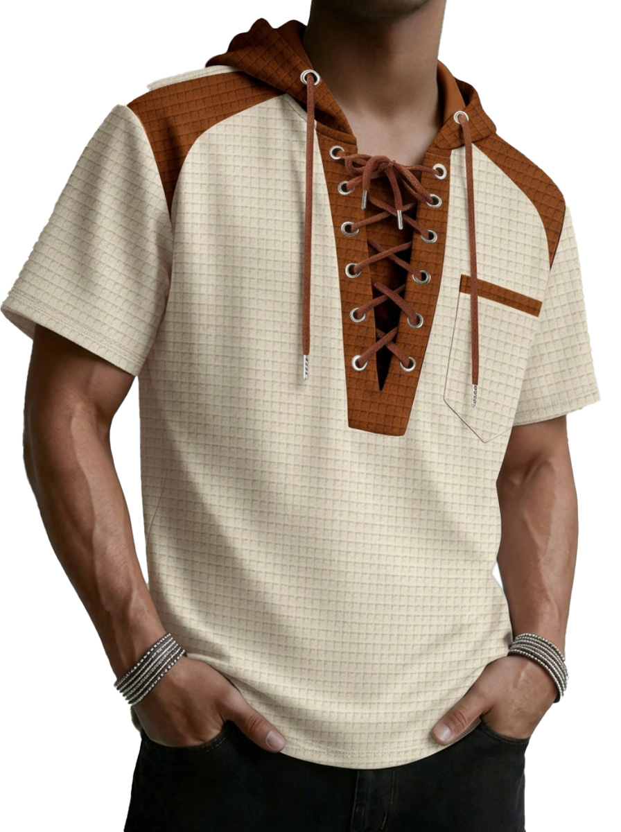 Men's Waffled Short-Sleeve Hoodie Contrast Lace-Up Tee