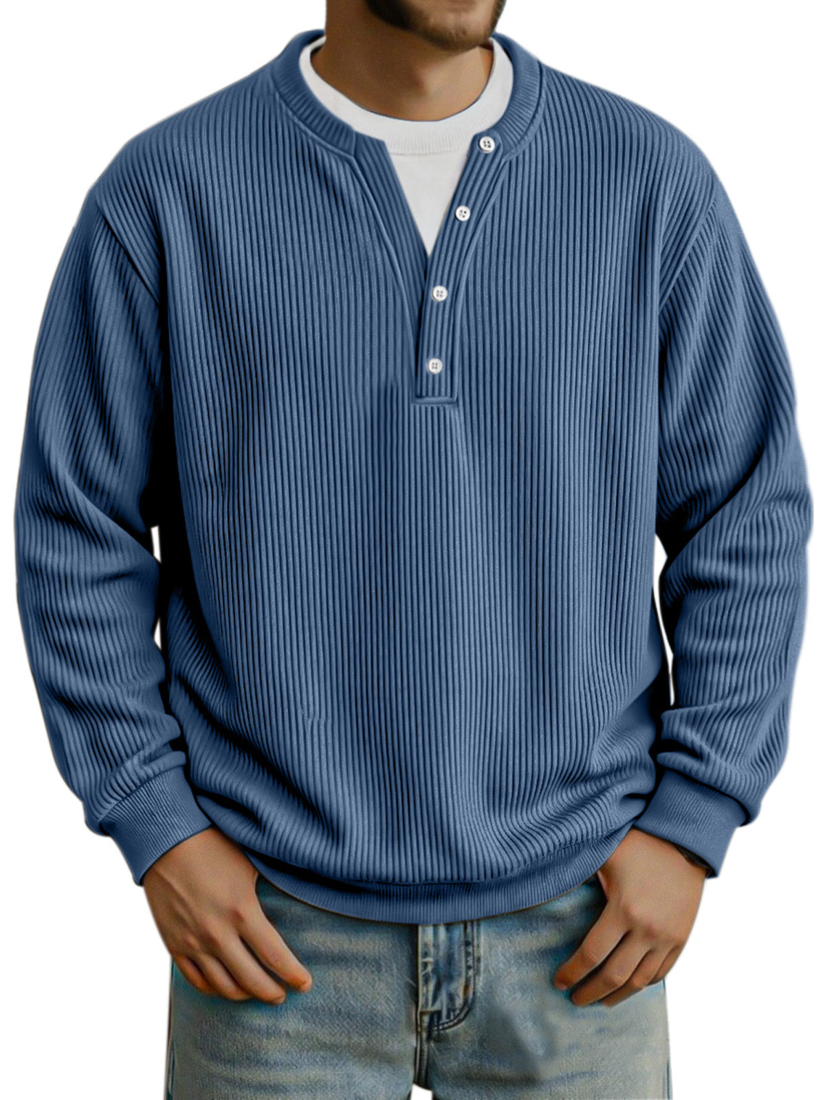 Men's Fashionable Vertical Pit Strip Fake Two-piece Button Design Long-sleeved Top