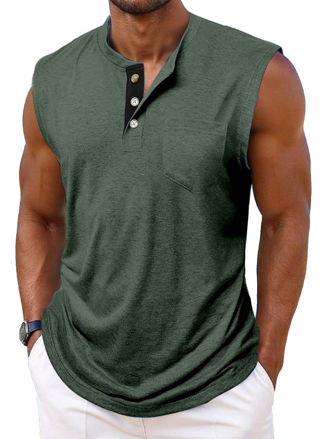 Men's Simple Casual Contrast Color Sleeveless Henley Shirt