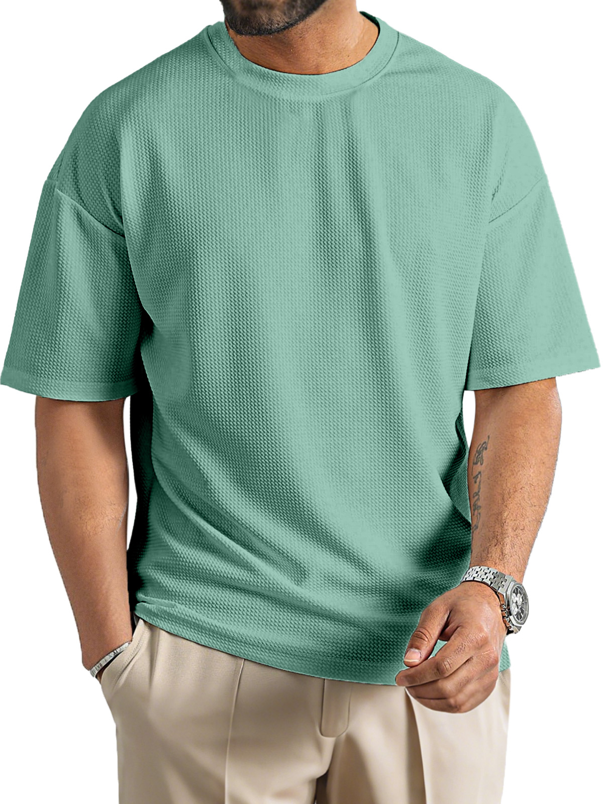 Men's Daily Solid Color Waffle Texture Round Neck Short-sleeved T-shirt