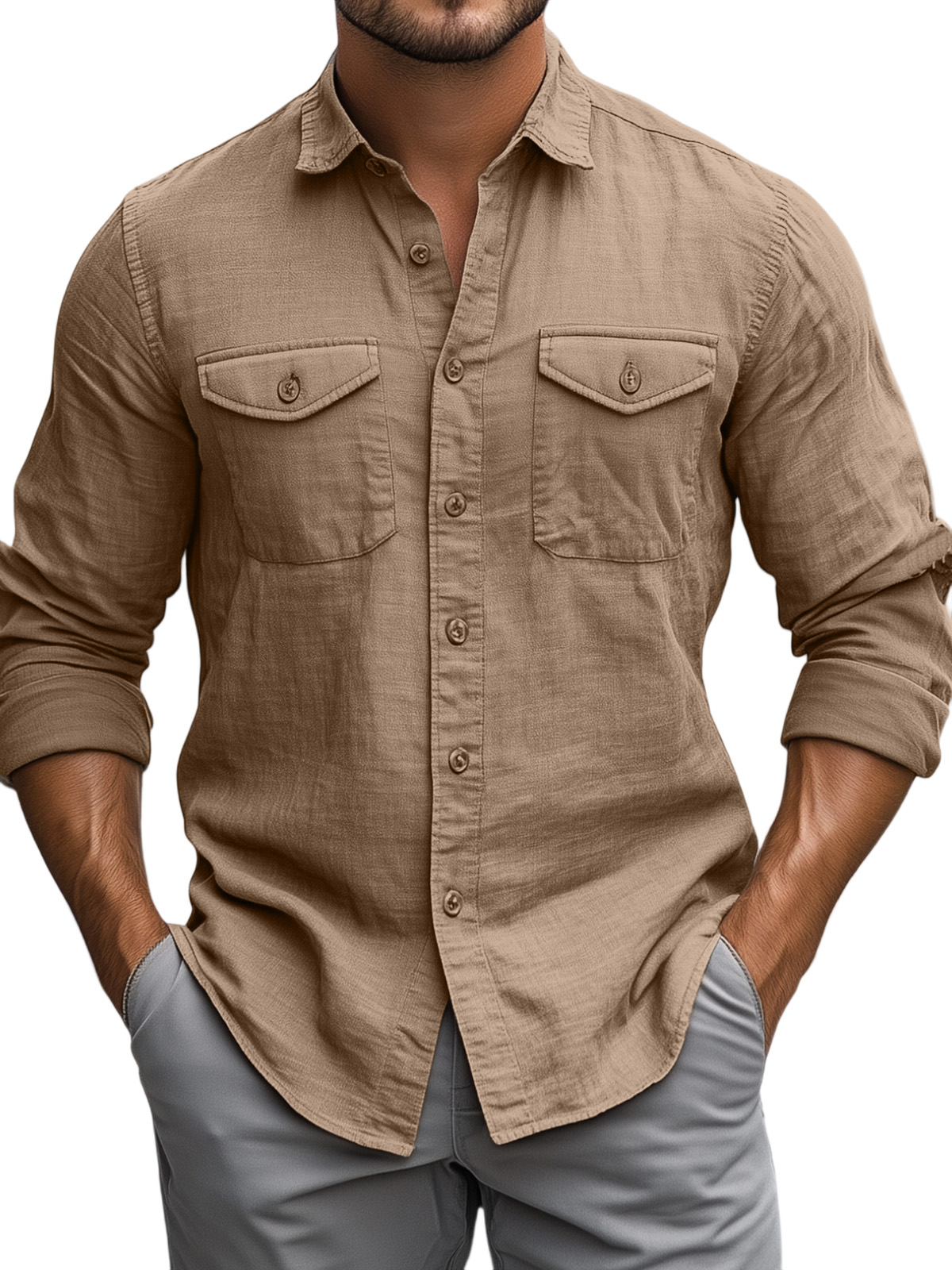 Men's Casual Daily Solid Color Breathable Cotton Long-sleeved Shirt