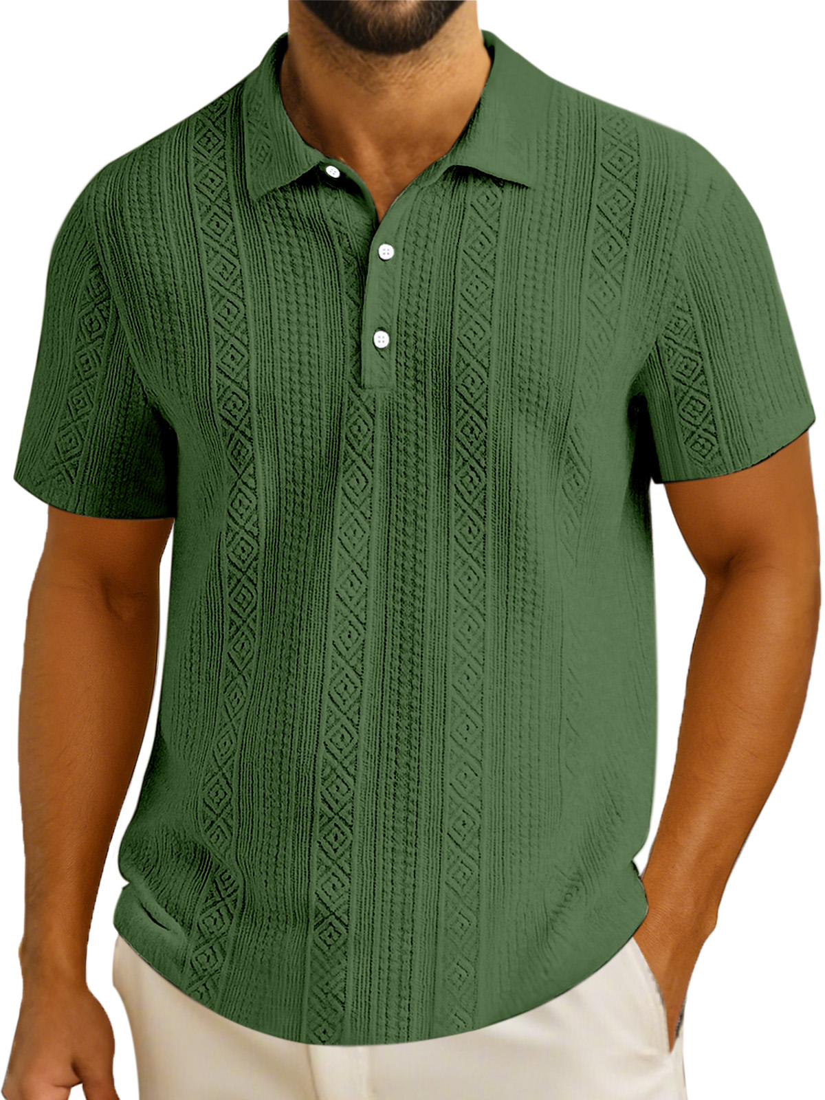 Men's Simple Solid Color Textured Lapel Button Short-sleeved Polo Shirt