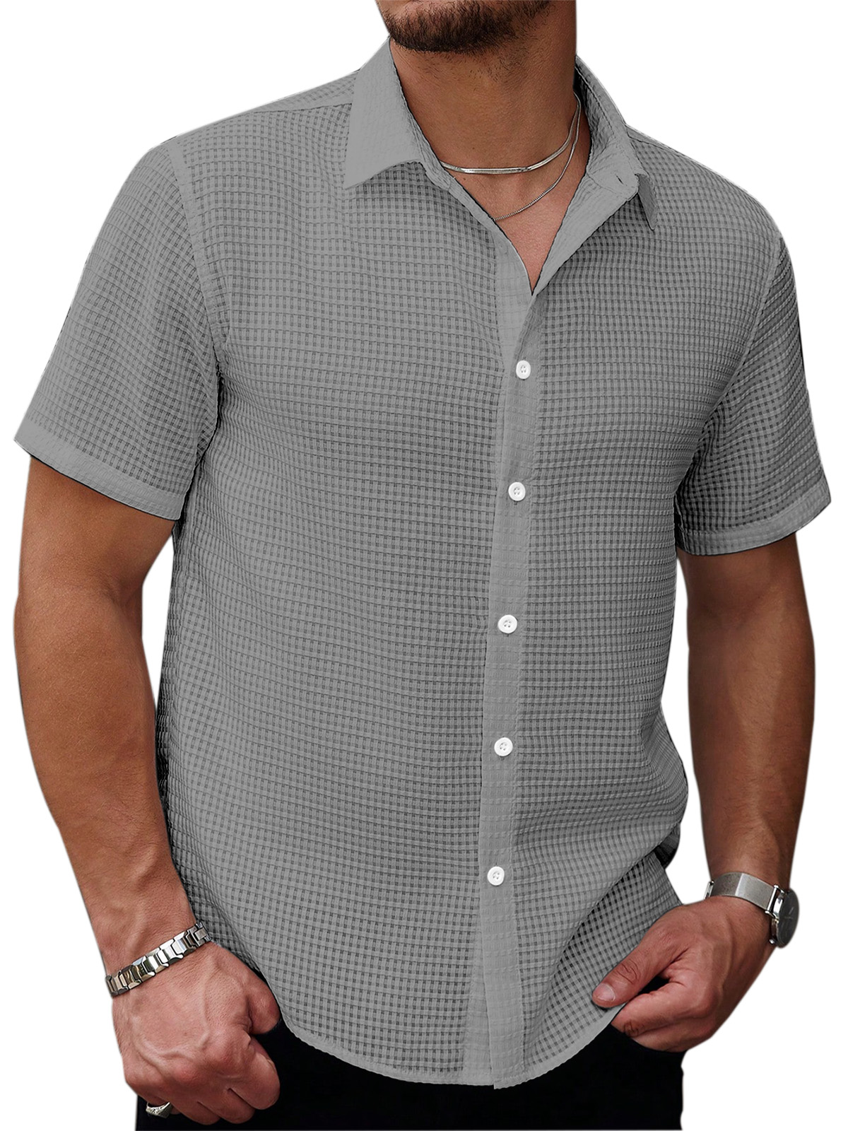 Men's Casual Summer Solid Color Waffle Texture Short-sleeved Button-down Shirt