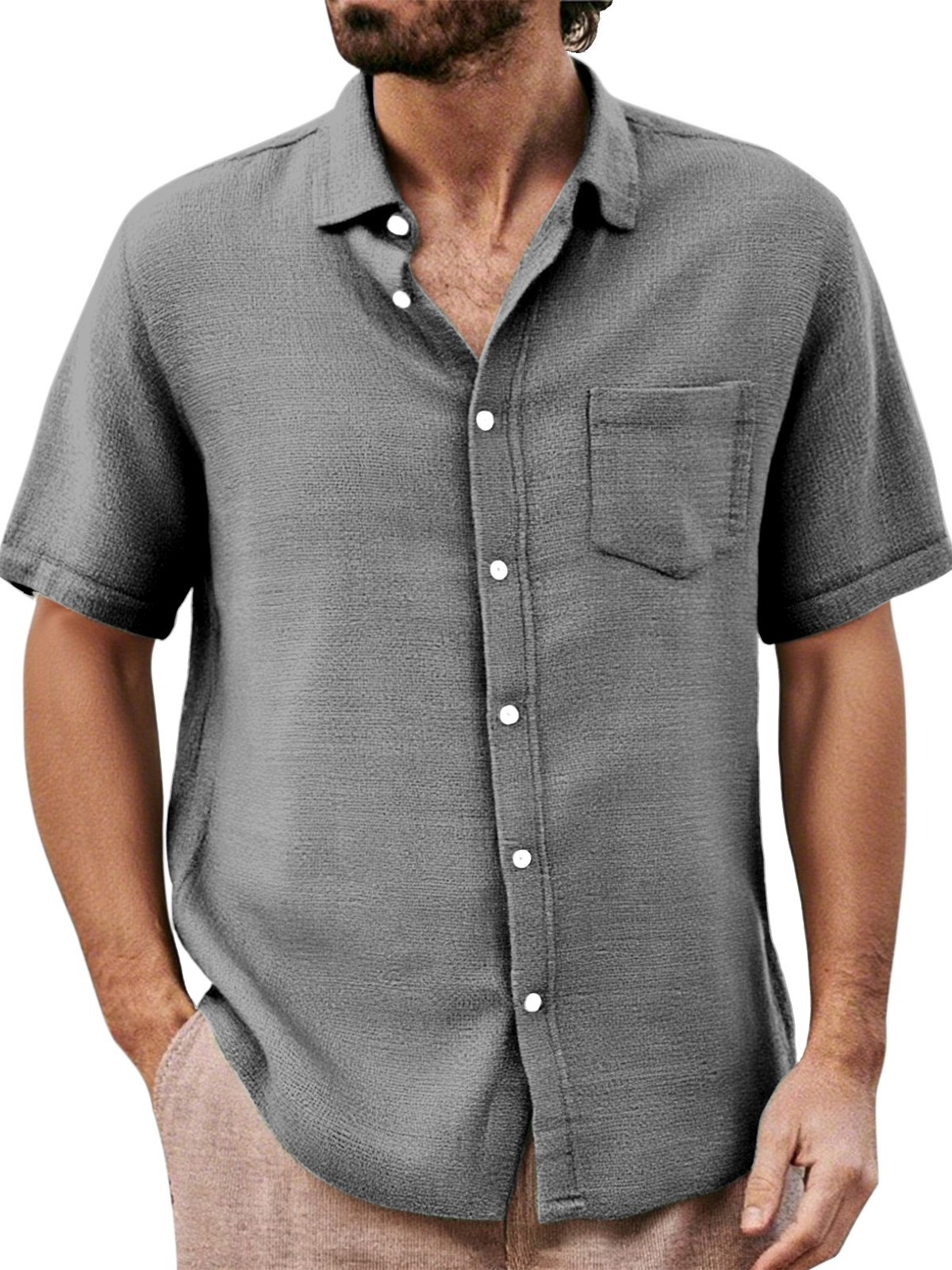 Men's Daily Casual Loose And Comfortable Solid Color Lapel Short-sleeved Button-down Shirt