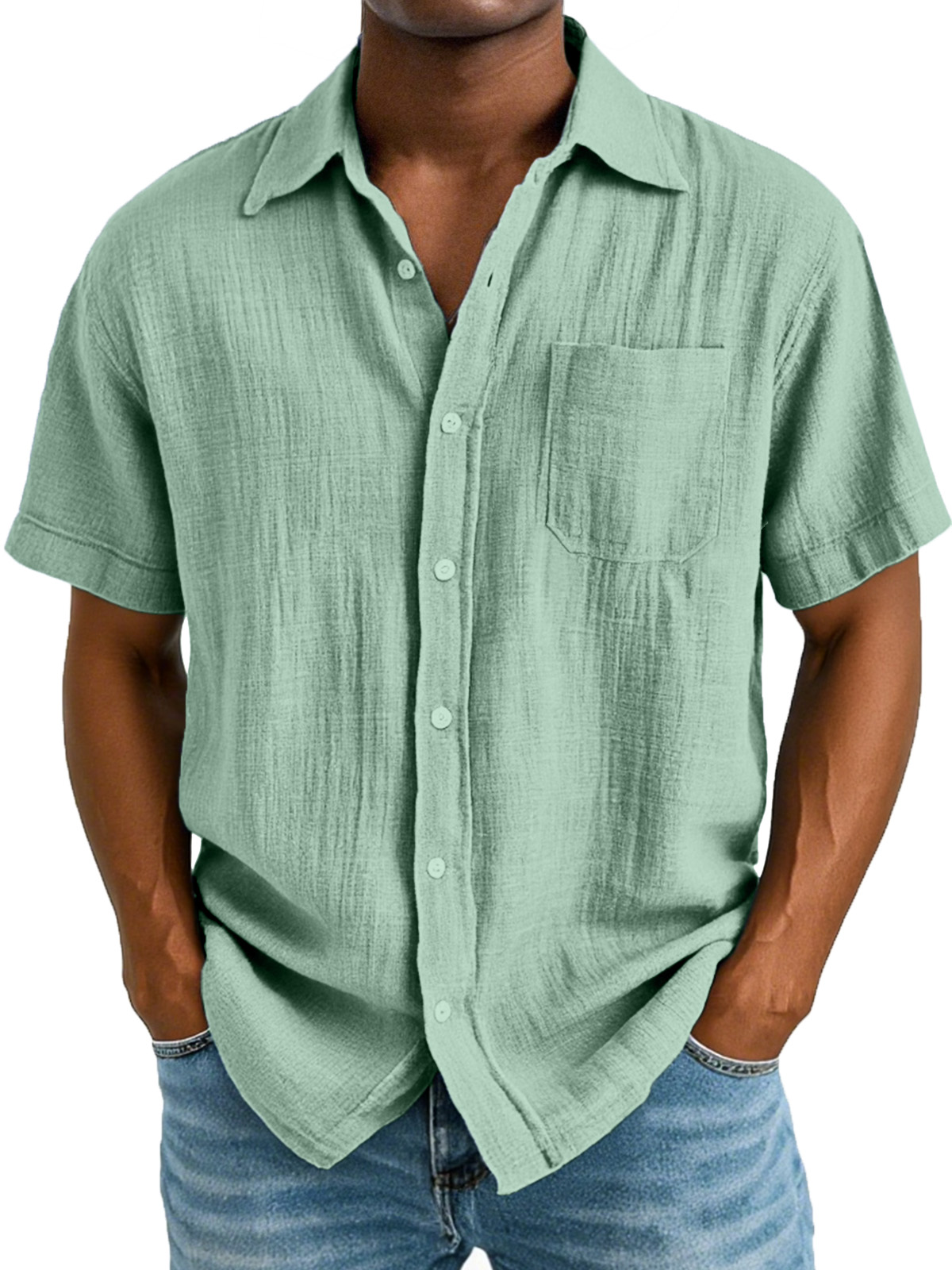 Men's Casual And Comfortable Solid Color Cotton And Linen Short-sleeved Lapel Shirt