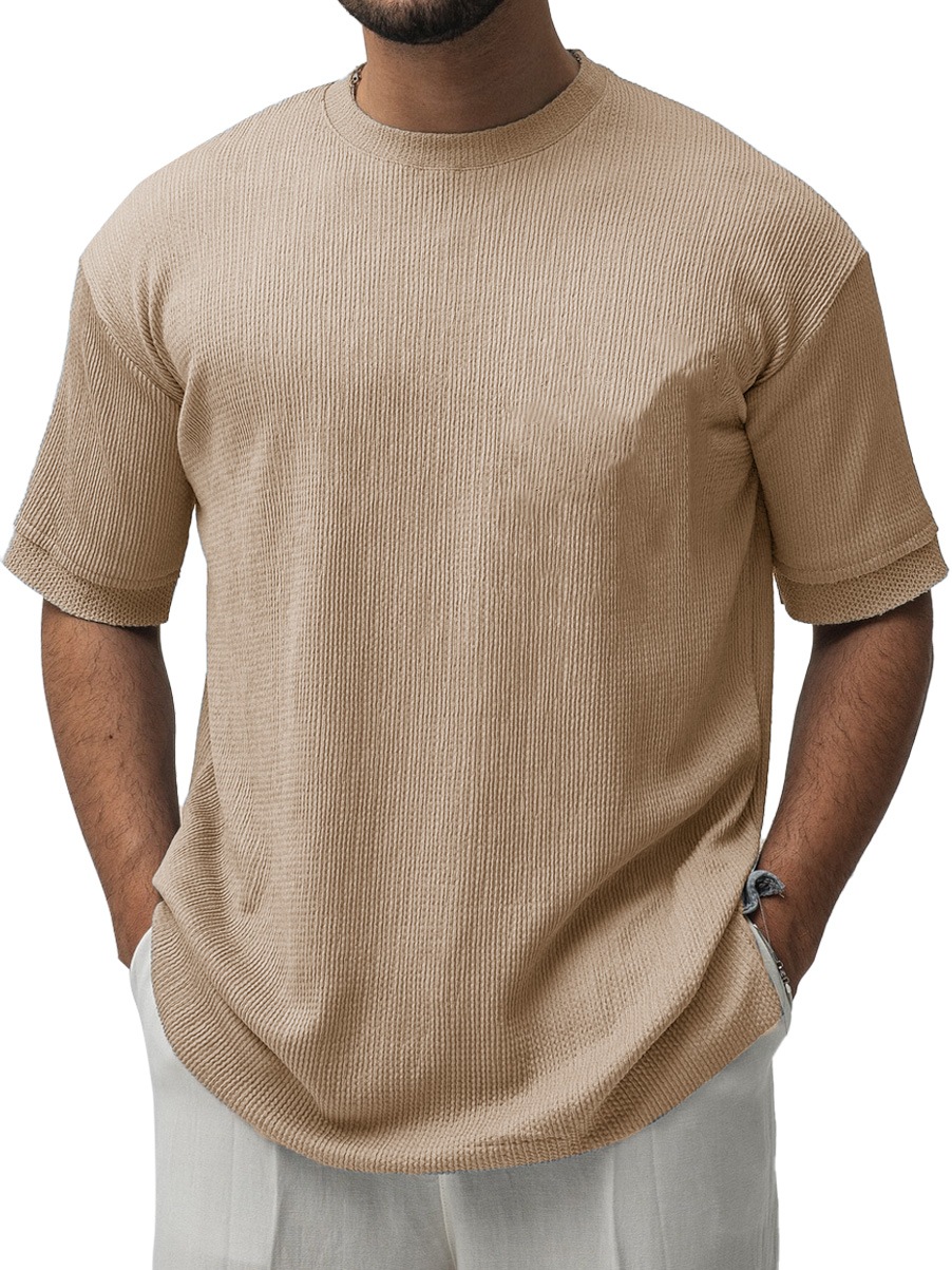 Men's Fashion Casual Ribbed Fabric Short-sleeved Crew Neck T-shirt