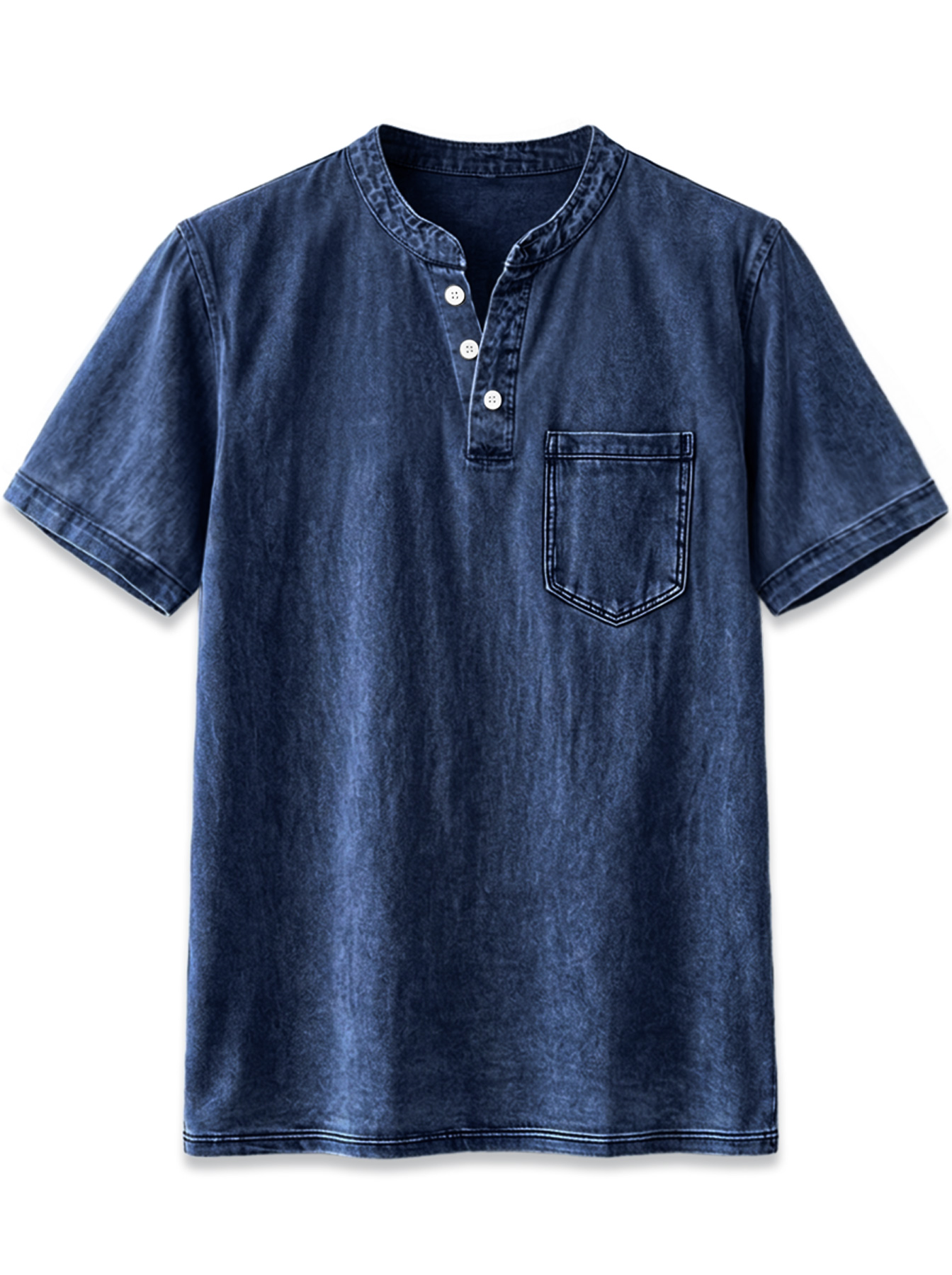 Men's Retro Stand Collar Button Casual Pocket Short Sleeve Henley Shirt