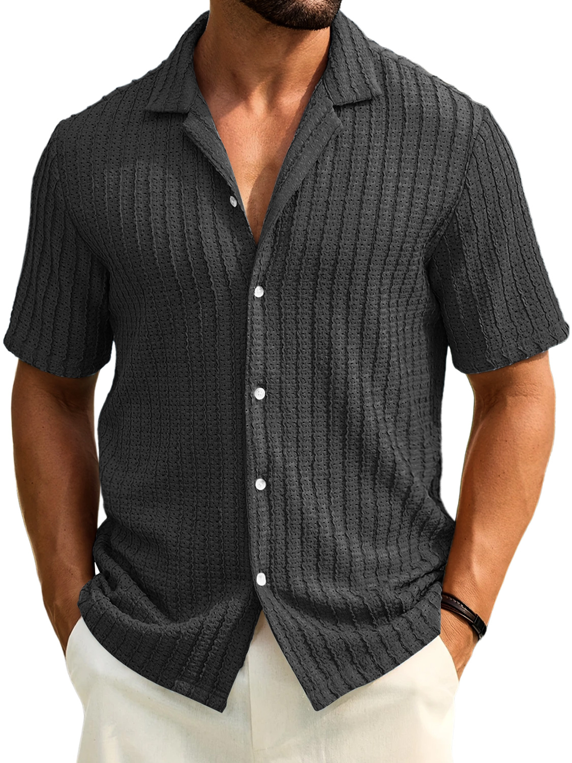 Men's Daily Casual Texture Lapel Comfortable Short-sleeved Shirt