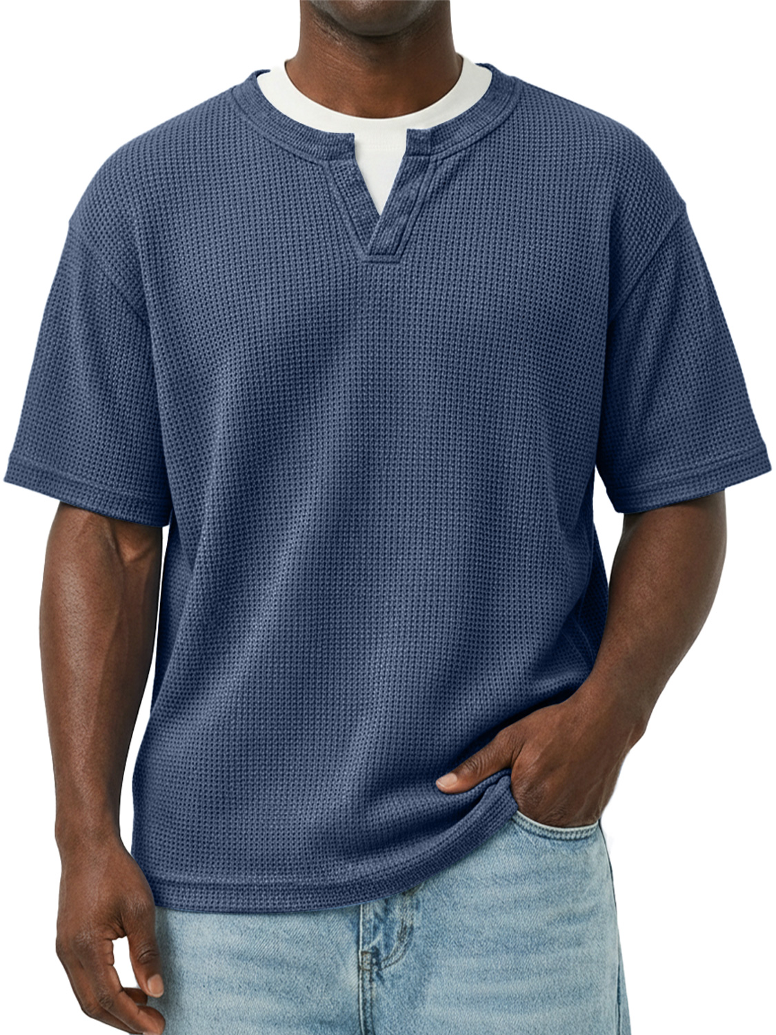 Men's Waffle-knit Double-layered Collar Faux Two-piece Casual Long-sleeved T-shirt