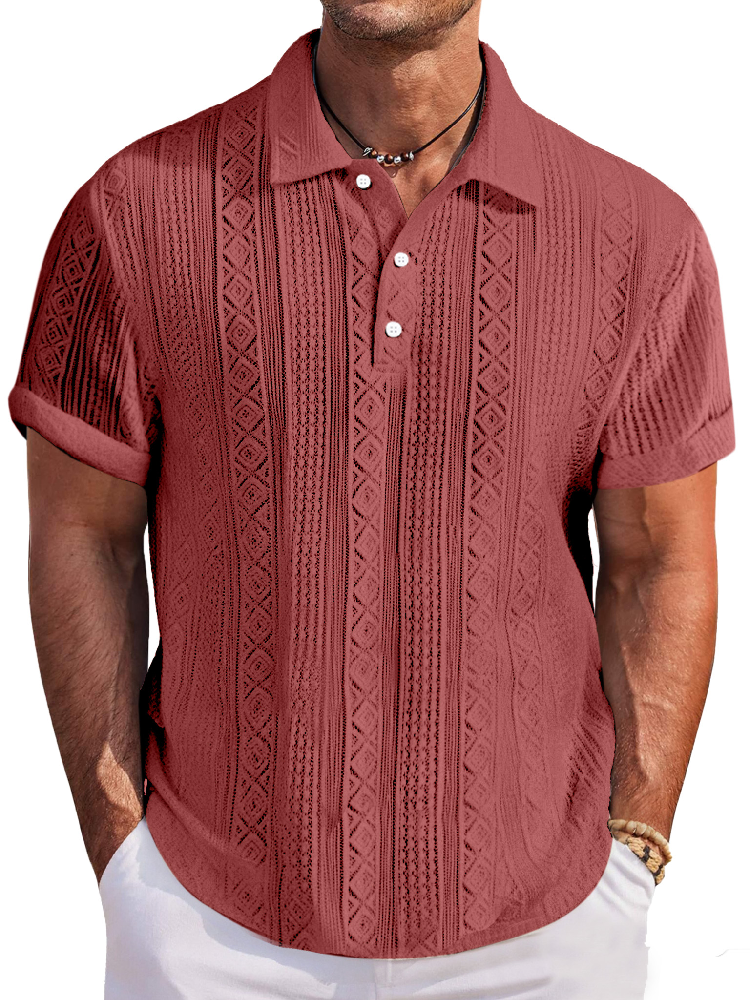 Men's Casual And Comfortable Solid Color Textured Short-sleeved Lapel Polo Shirt