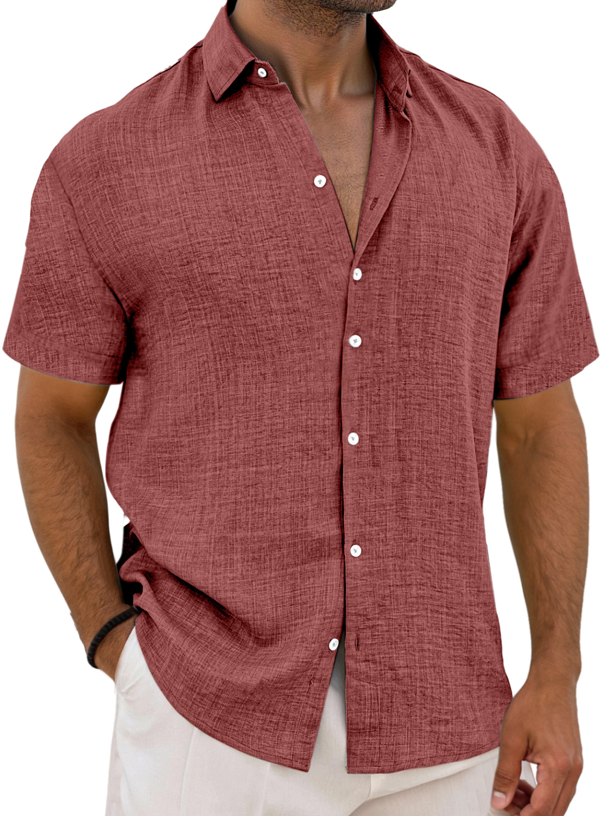 Men's Simple Solid Color Breathable Loose Lapel Short-sleeved Shirt