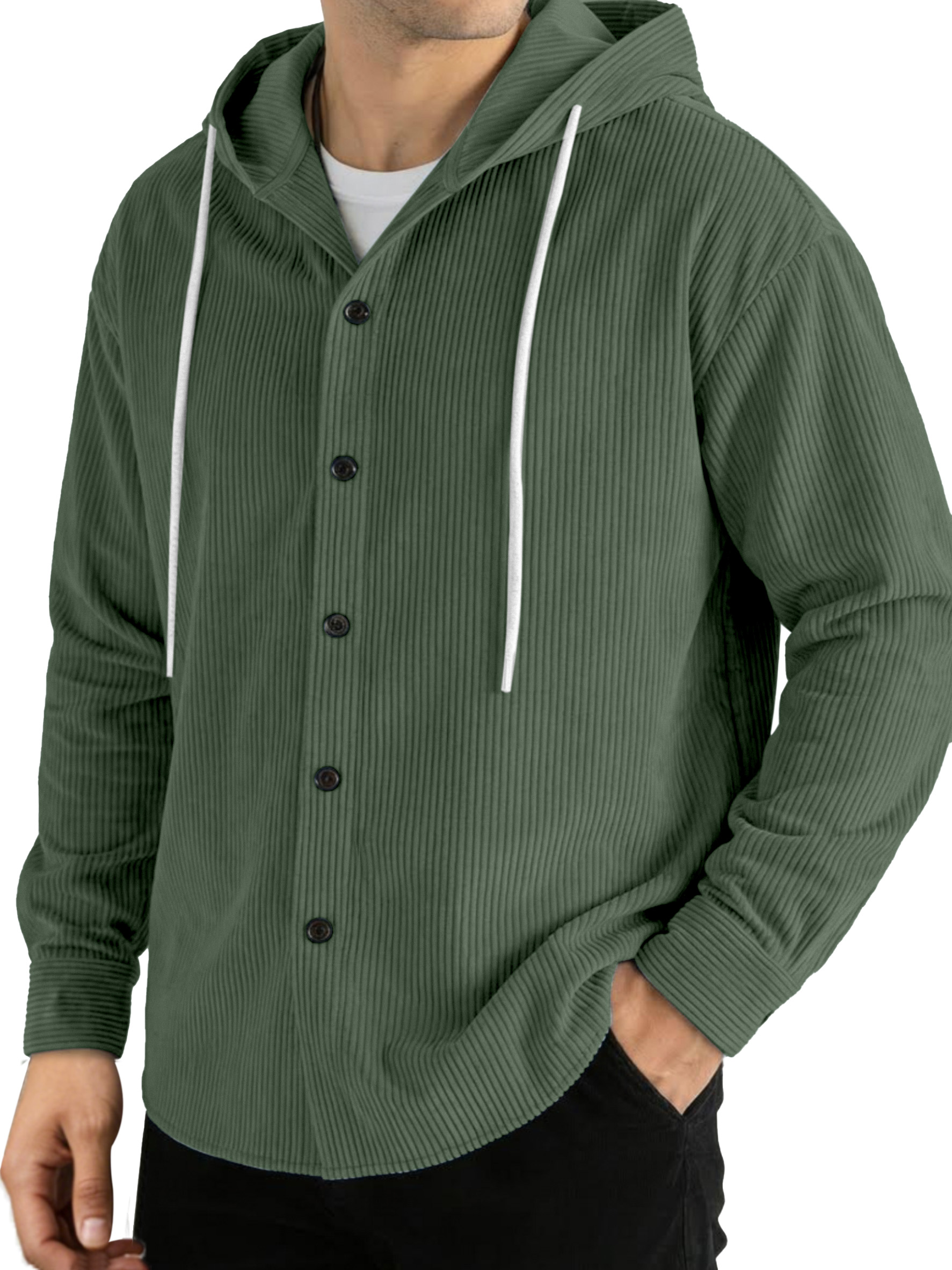 Casual Solid Color Vertical Ribbed Button-Up Hooded Long-Sleeve Shirt