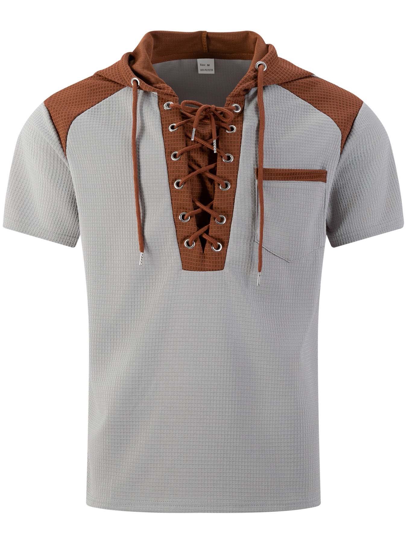 Men's Waffled Short-Sleeve Hoodie Contrast Lace-Up Tee