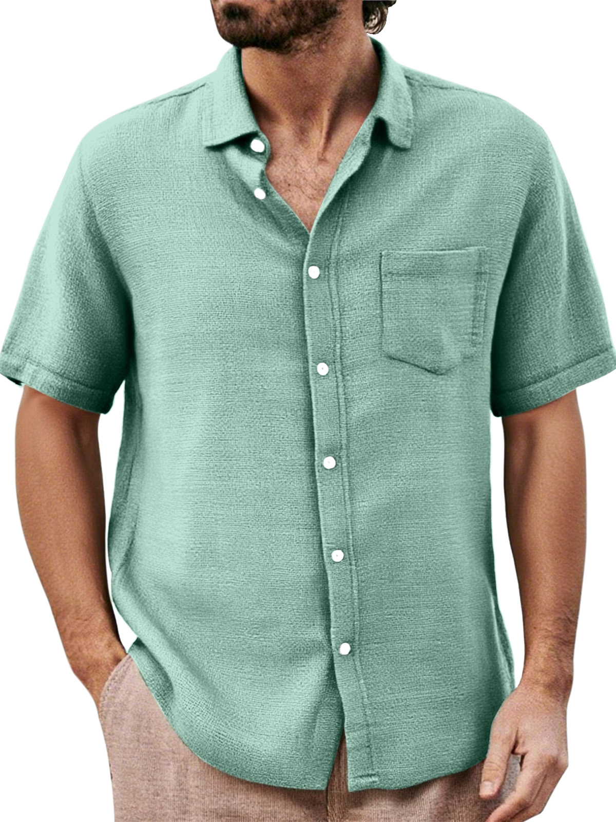 Men's Daily Casual Loose And Comfortable Solid Color Lapel Short-sleeved Button-down Shirt