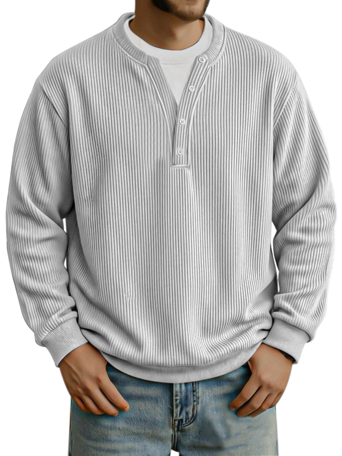 Men's Fashionable Vertical Pit Strip Fake Two-piece Button Design Long-sleeved Top