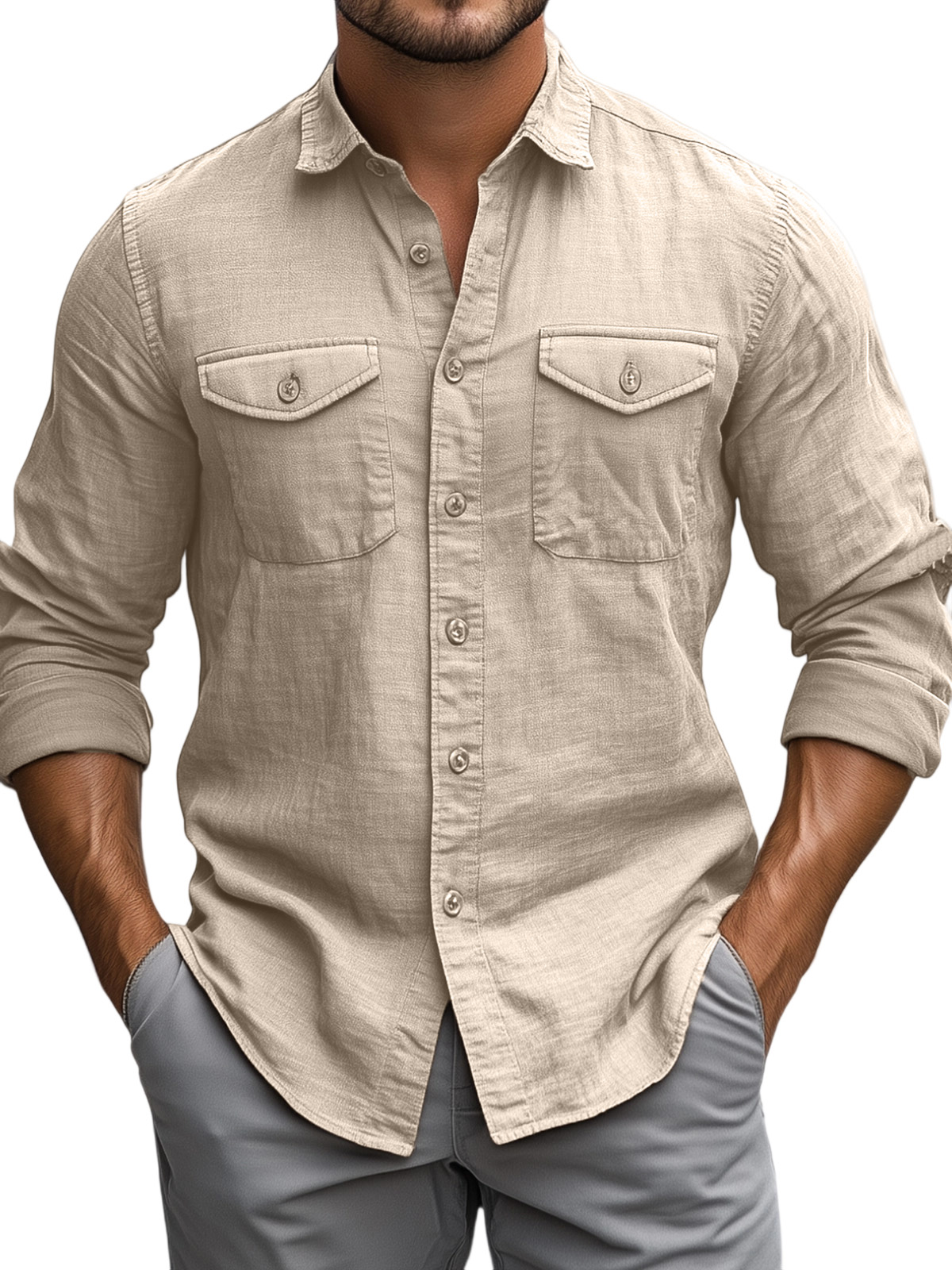 Men's Casual Daily Solid Color Breathable Cotton Long-sleeved Shirt