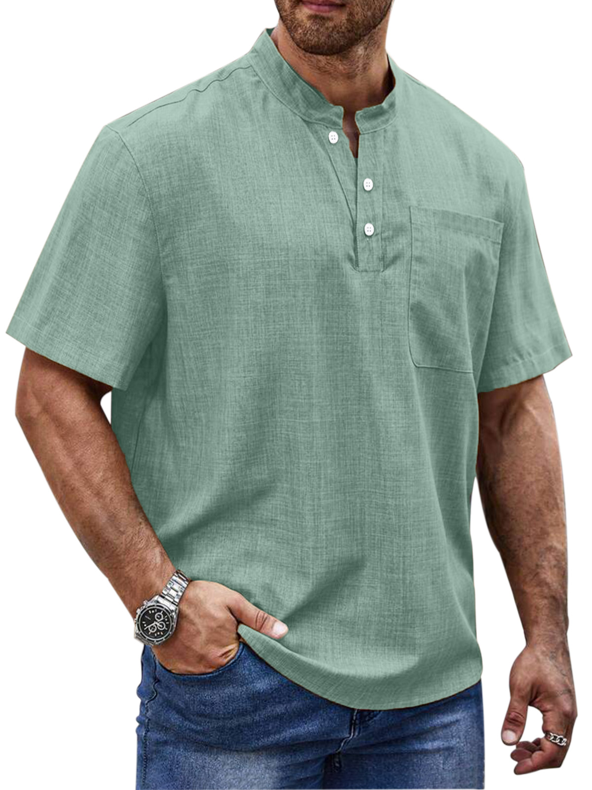 Men's Simple Daily Solid Color Short Sleeve Button Stand Collar Polo Shirt
