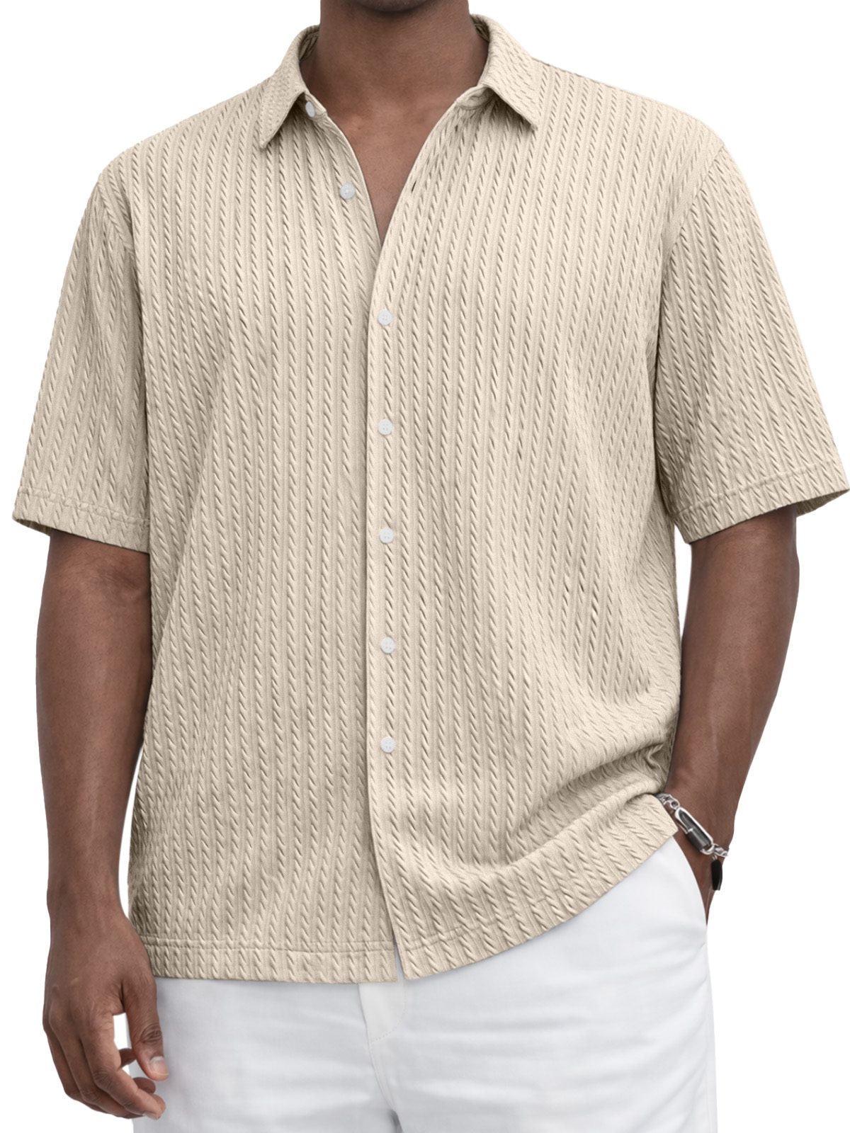 Everyday Casual Solid Color Textured Short-Sleeve Shirt