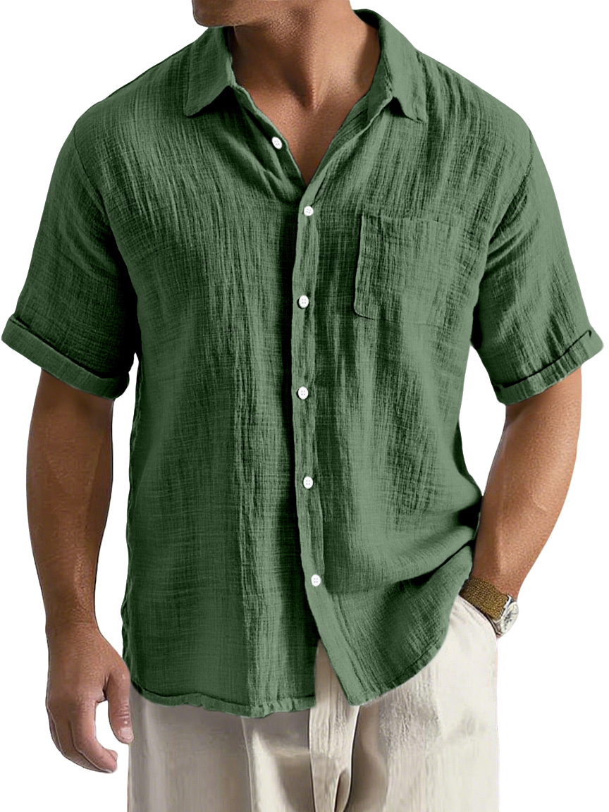 Men's Daily Casual Loose And Comfortable Imitation Linen Lapel Short-sleeved Button-down Shirt