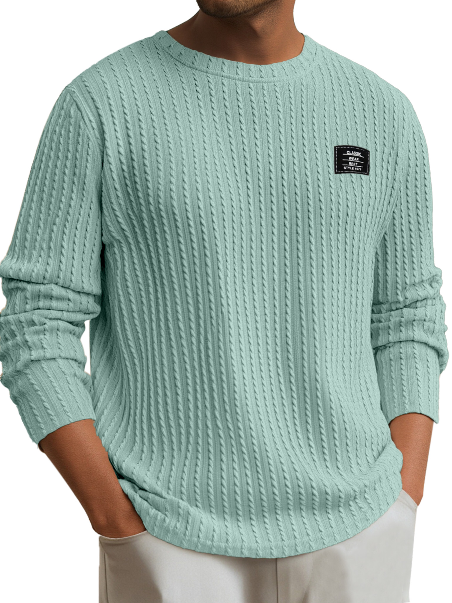 Men's Simple Daily Solid Color Logo Round Neck Long-sleeved T-shirt