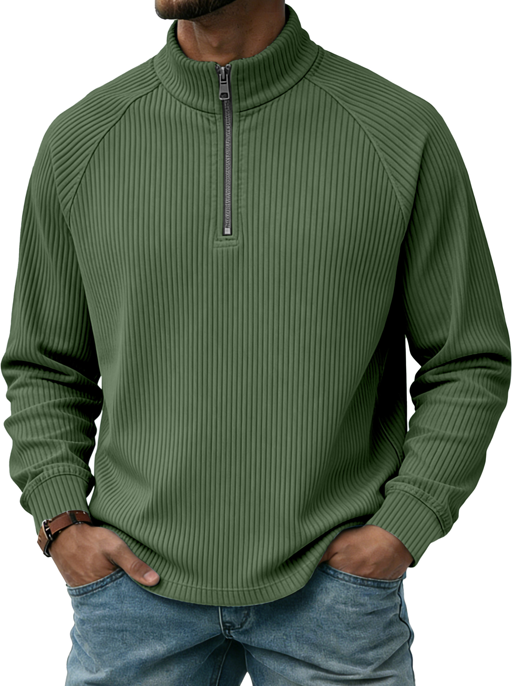 Men's Casual Simple Vertical Stripe Zip-up Stand-collar Raglan Sleeve Polo Shirt