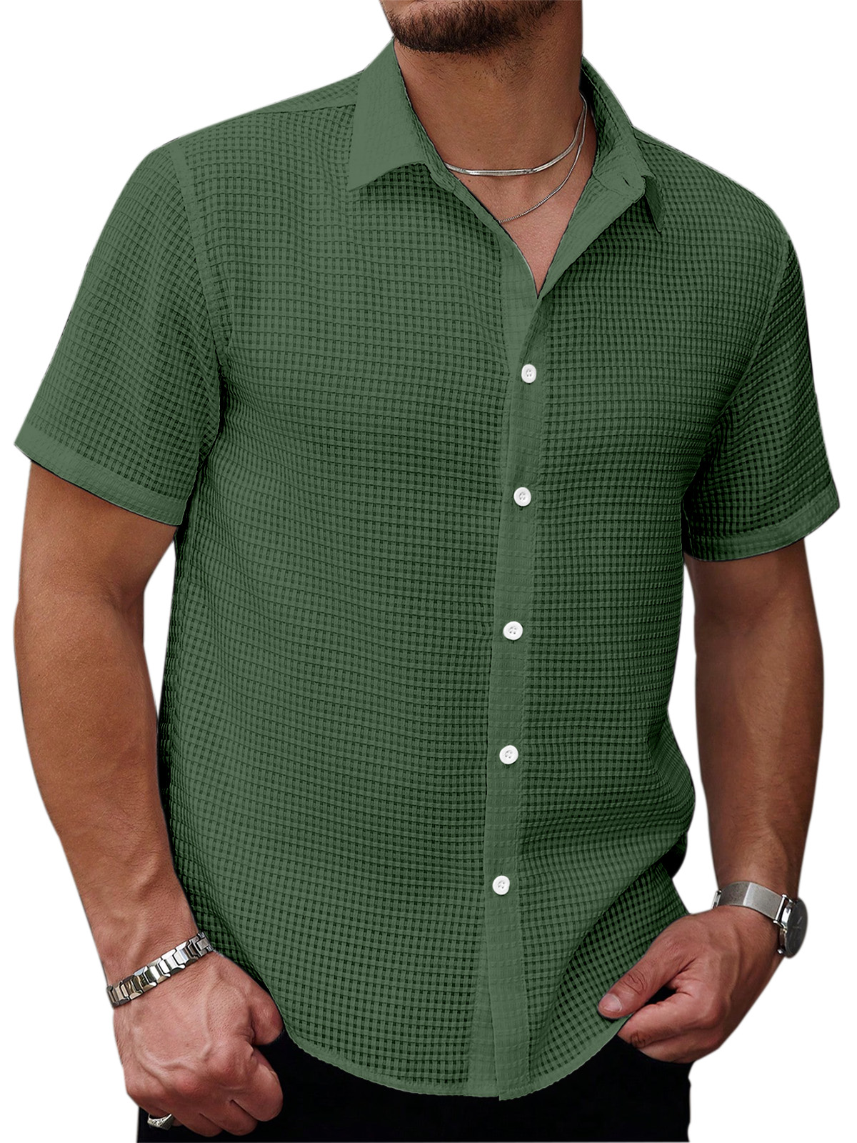 Men's Casual Summer Solid Color Waffle Texture Short-sleeved Button-down Shirt