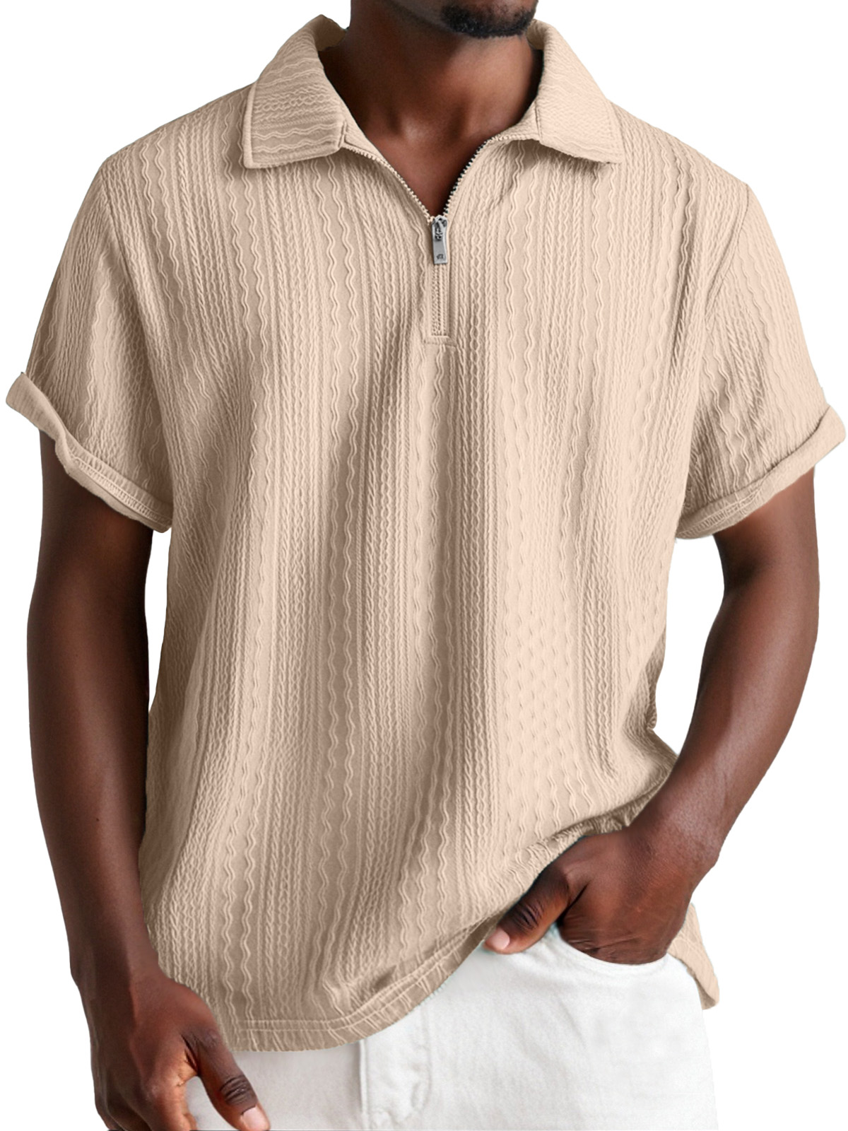 Men's Everyday Design Textured Short-sleeved Lapel Zipper Polo Shirt