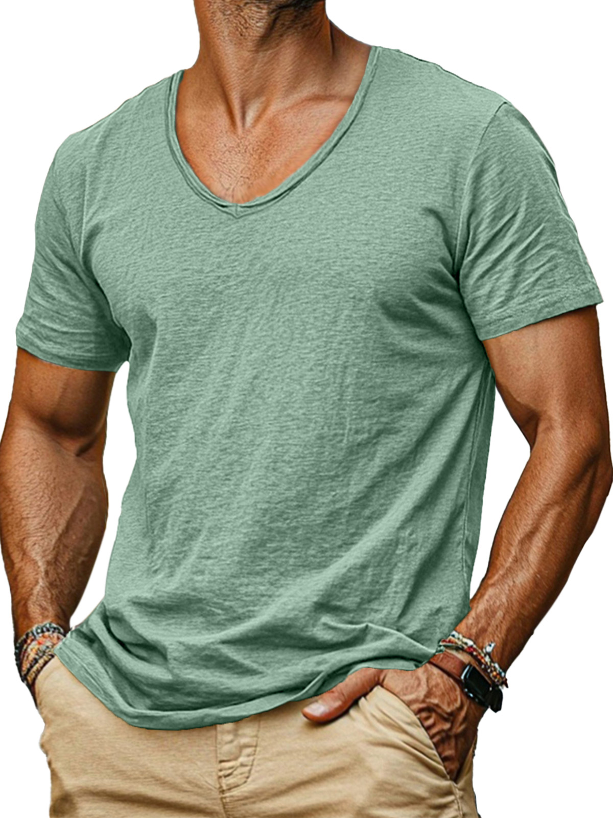 Men's simple and comfortable solid color v-neck short-sleeved T-shirt