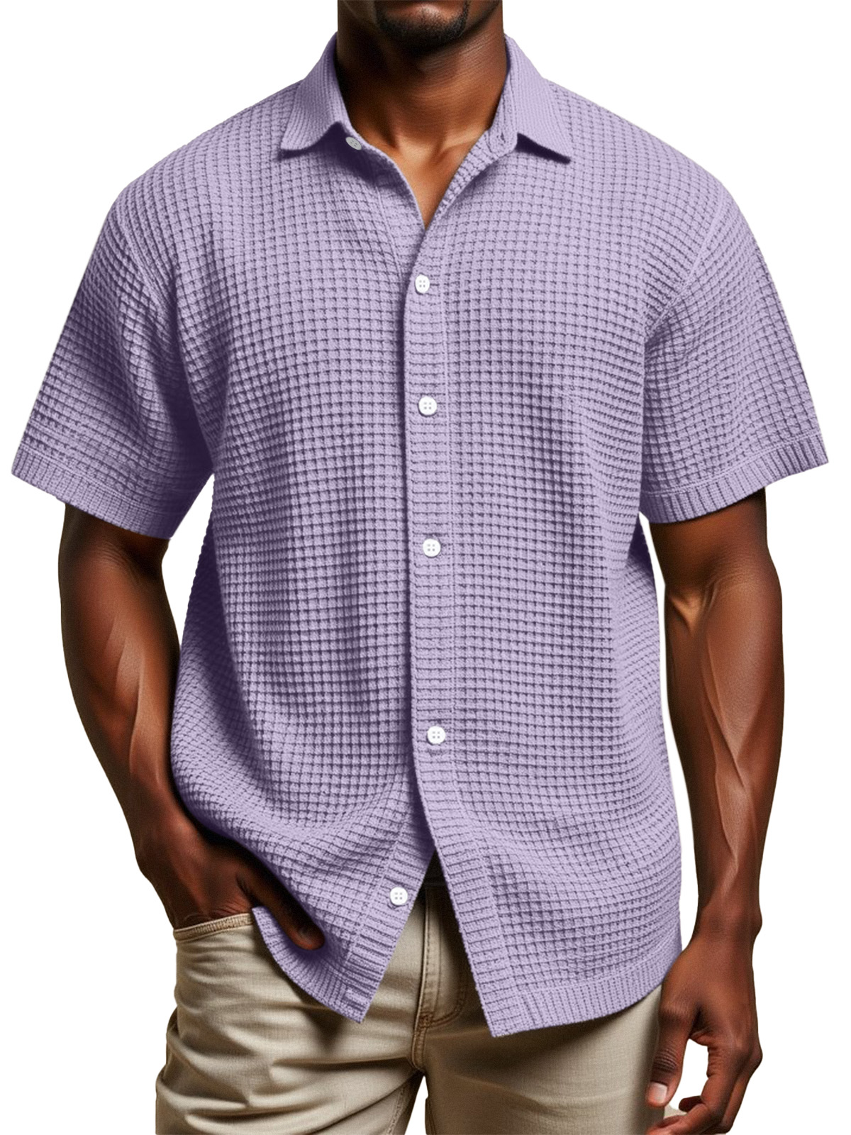 Men's Daily Simple Solid Color Waffle Texture Short-sleeved Lapel Button-down Shirt