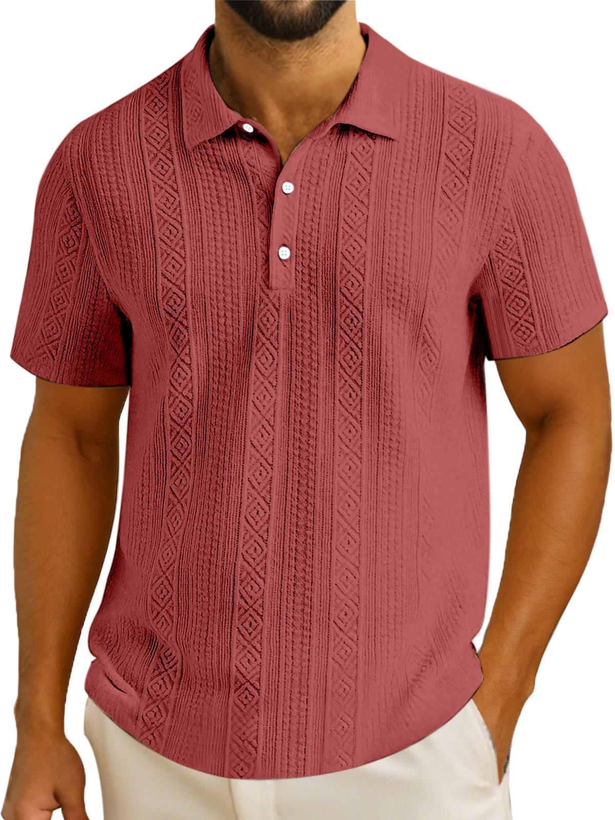 Men's Simple Solid Color Textured Lapel Button Short-sleeved Polo Shirt