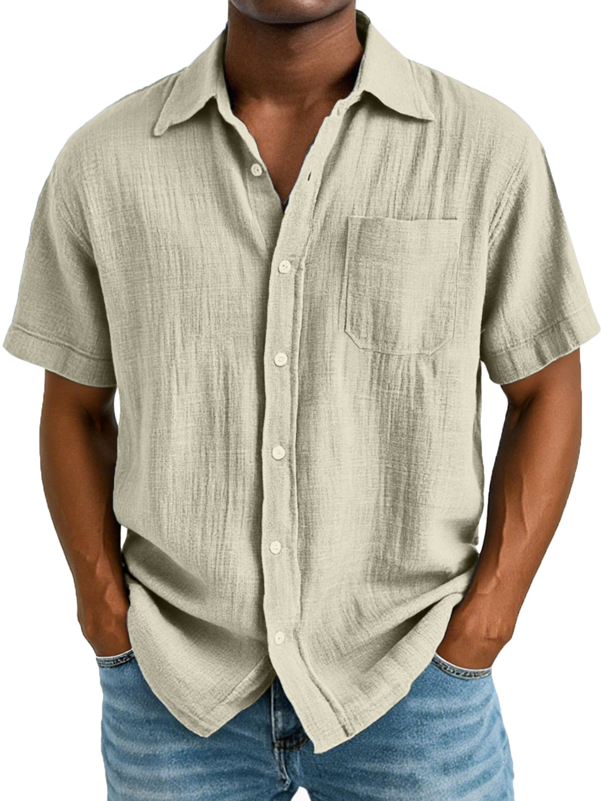 Men's Casual And Comfortable Solid Color Cotton And Linen Short-sleeved Lapel Shirt
