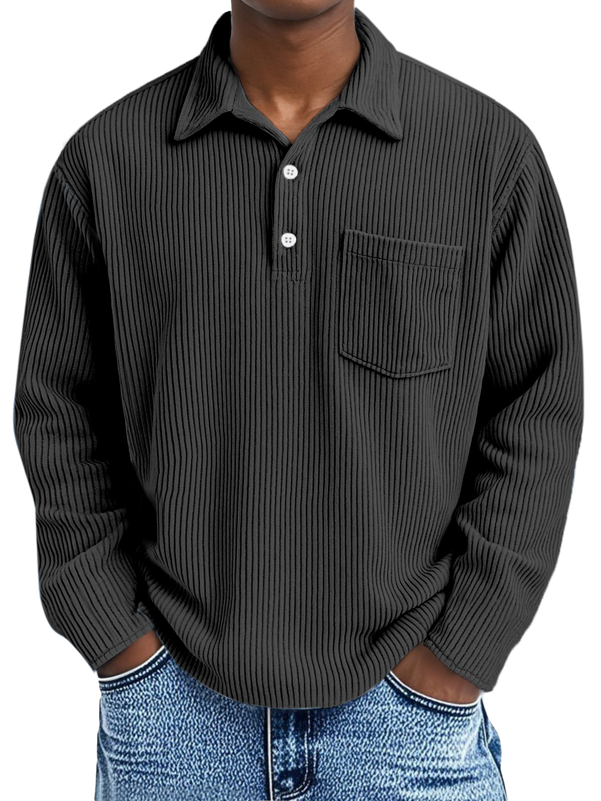 Men's Simple Solid Color Pit Lapel Button Long Sleeve POLO Shirt
