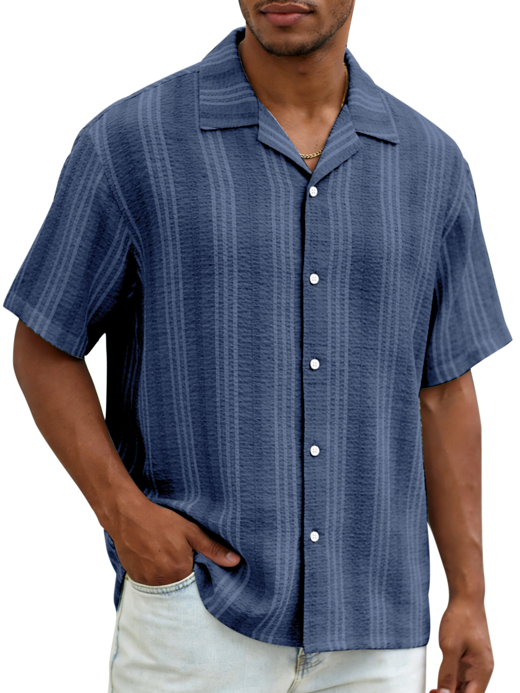Daily casual resort style vertical striped breathable loose short-sleeved shirt