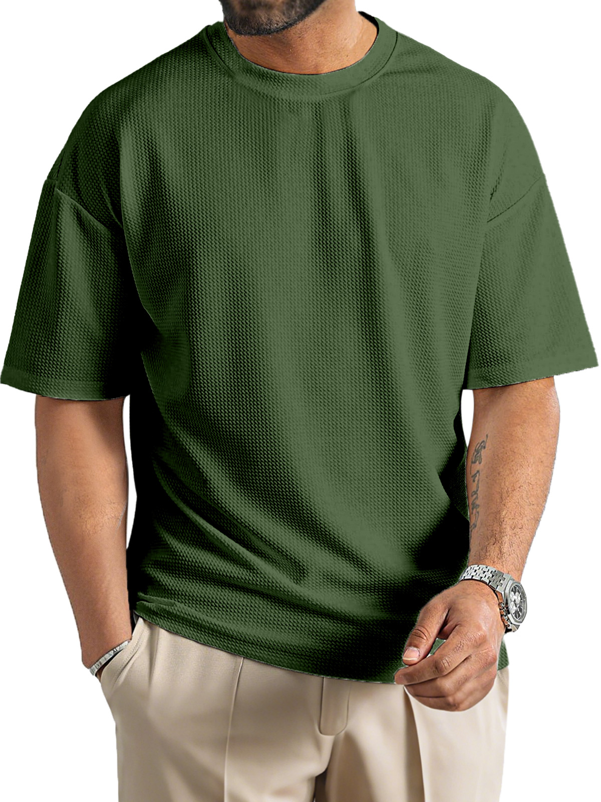 Men's Daily Solid Color Waffle Texture Round Neck Short-sleeved T-shirt