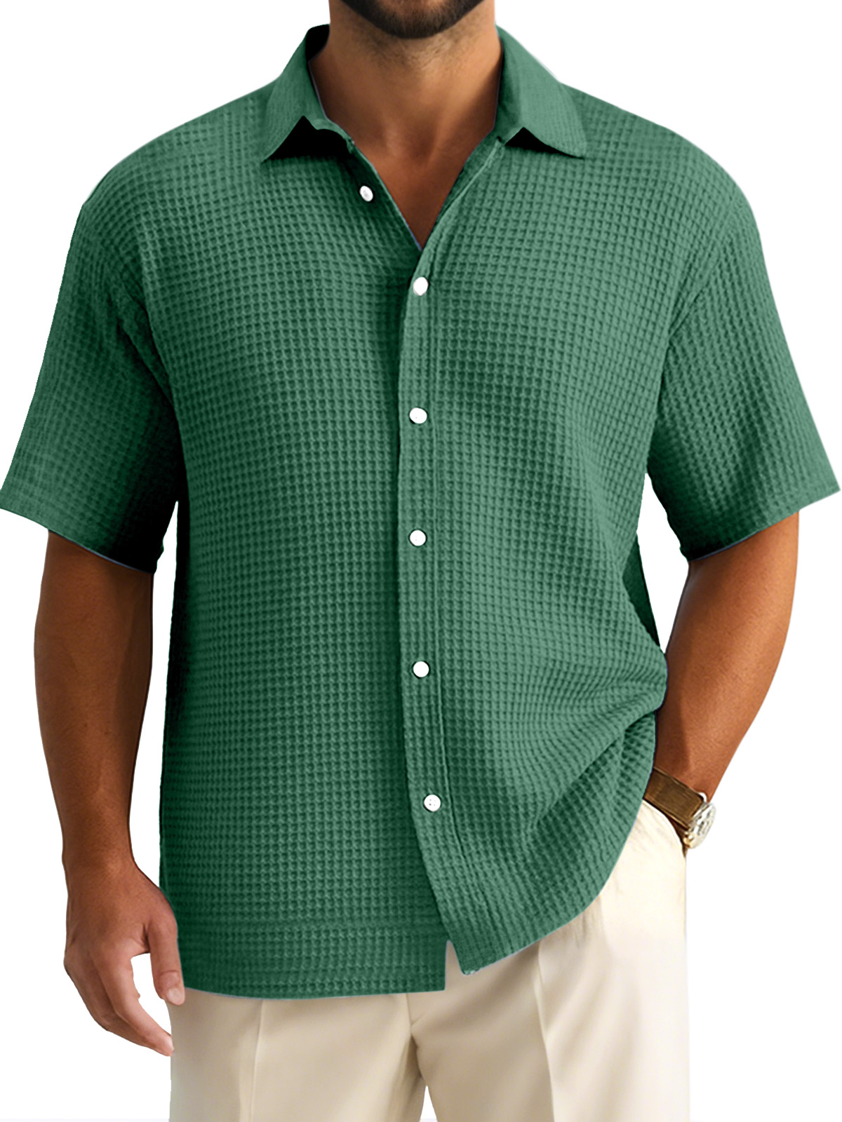 Men's Simple Casual Solid Color Waffle Short-sleeved Button-down Shirt