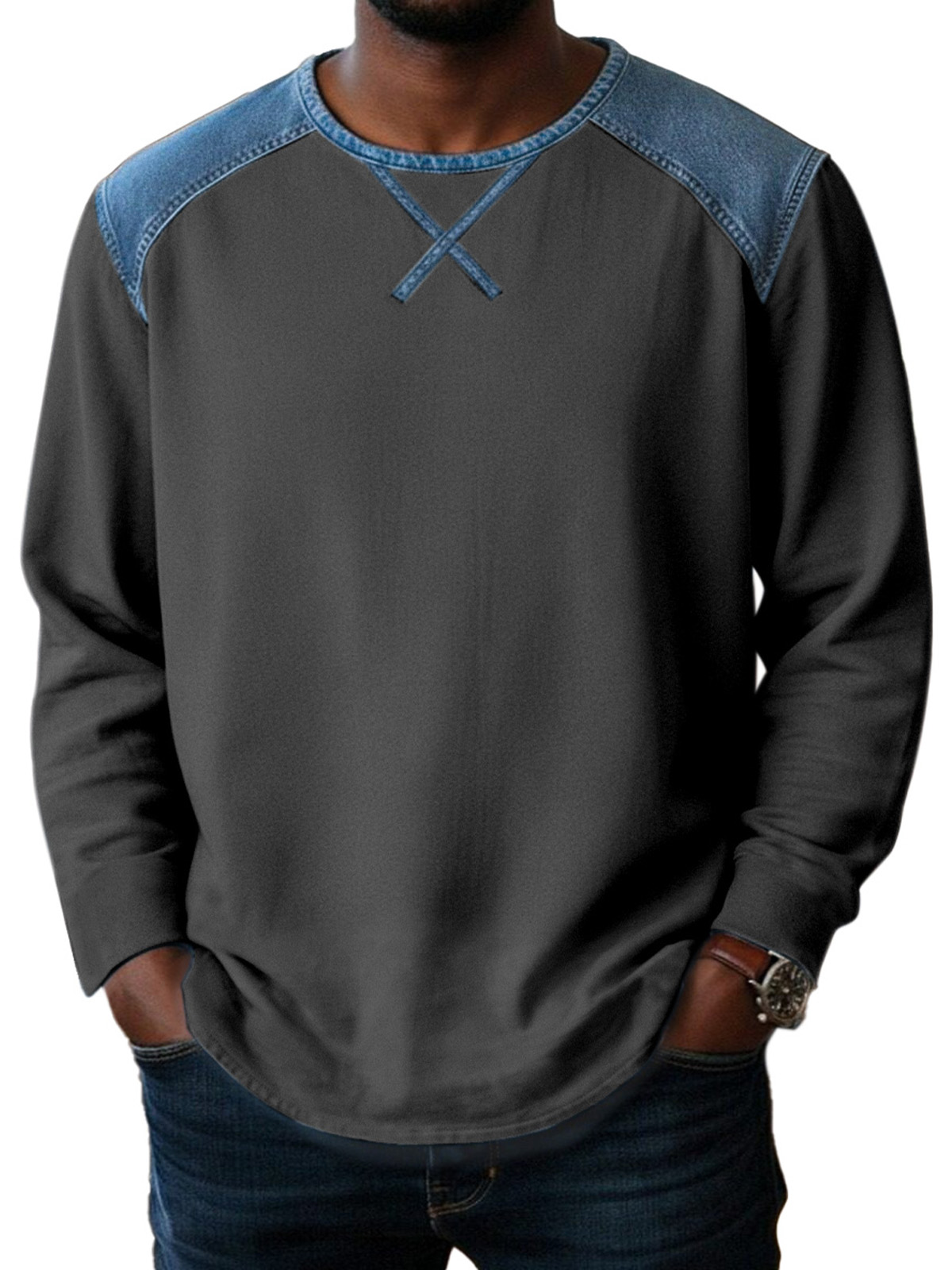 Basic Casual Inverted Triangle Design Spliced ​​round Neck Long-sleeved T-shirt