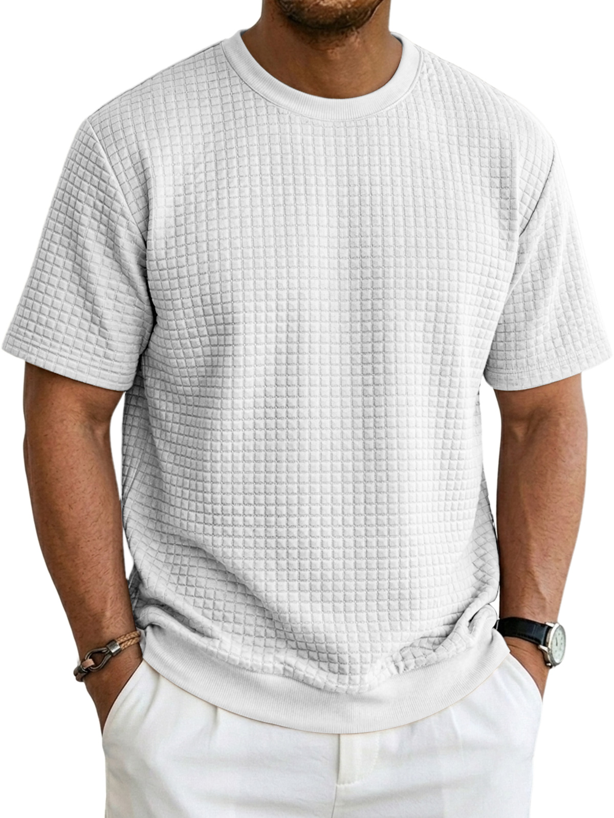 Men's Casual Waffle Knit Crew Neck Comfortable Short Sleeve T-Shirt