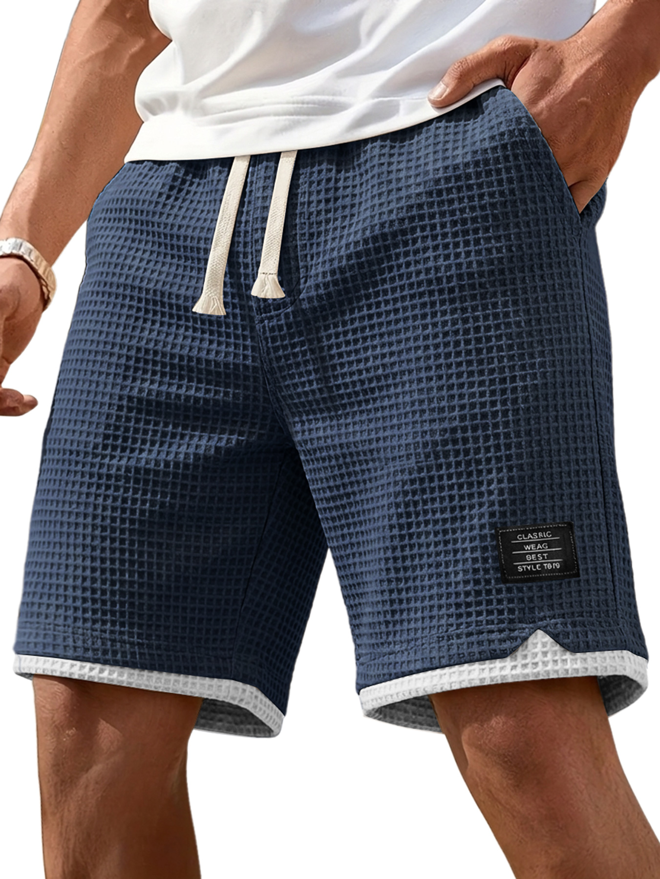 Men's Casual Waffle Color Block Embroidered Logo Loose Shorts
