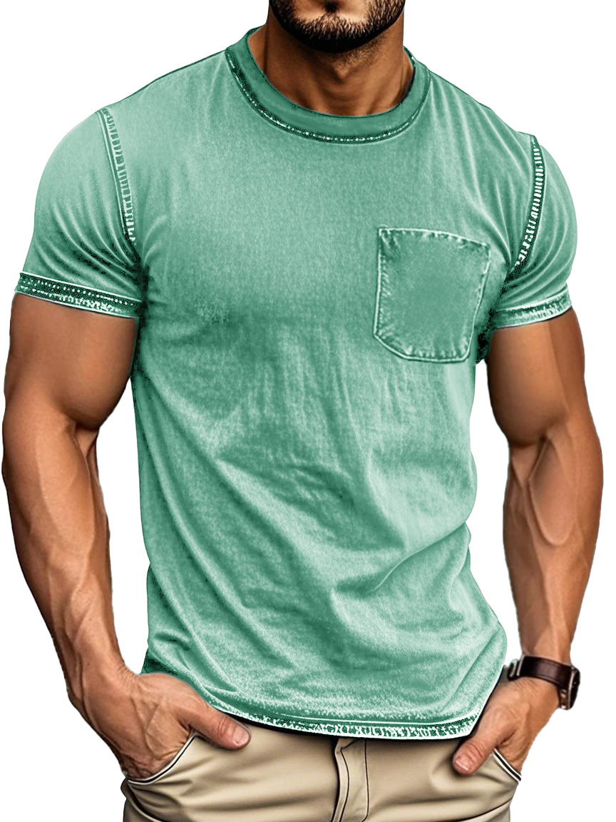 Men's Fashion Retro Distressed Outdoor Round Neck Short Sleeve Pocket T-shirt