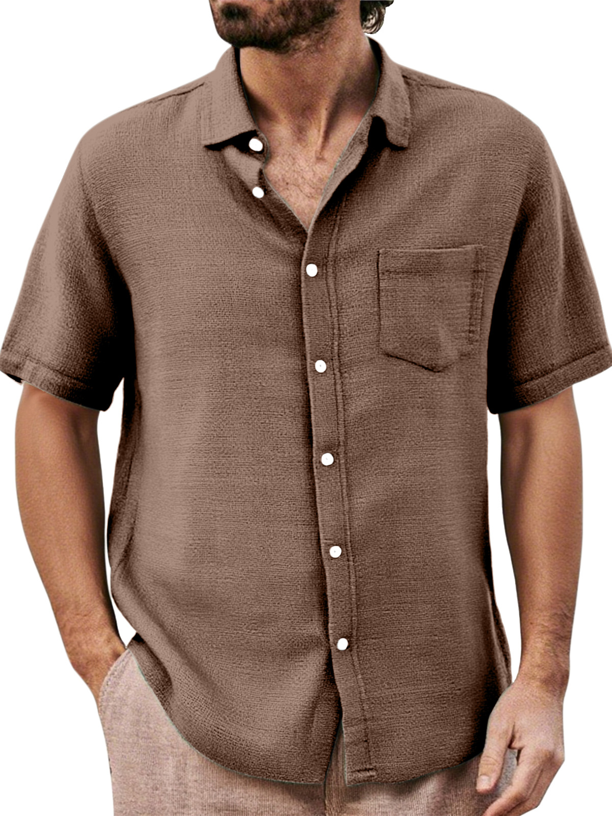 Men's Daily Casual Loose And Comfortable Solid Color Lapel Short-sleeved Button-down Shirt