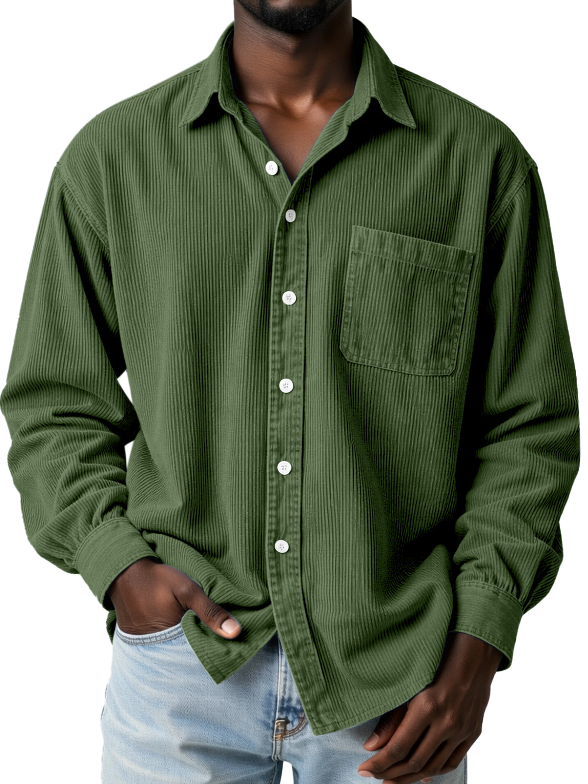Everyday Casual Solid Color Corduroy Button-Up Long-Sleeved Shirt with Pockets