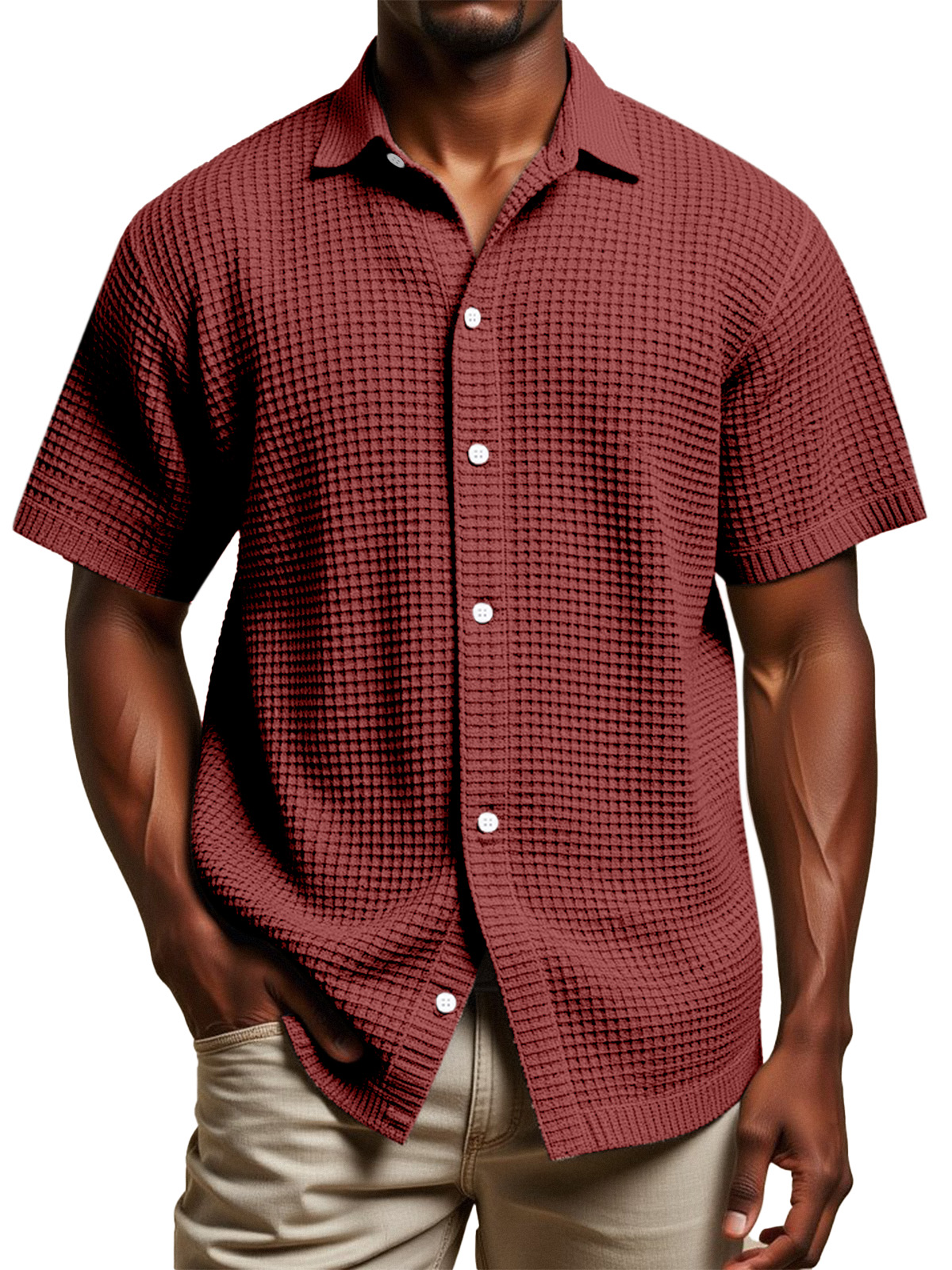 Men's Daily Simple Solid Color Waffle Texture Short-sleeved Lapel Button-down Shirt