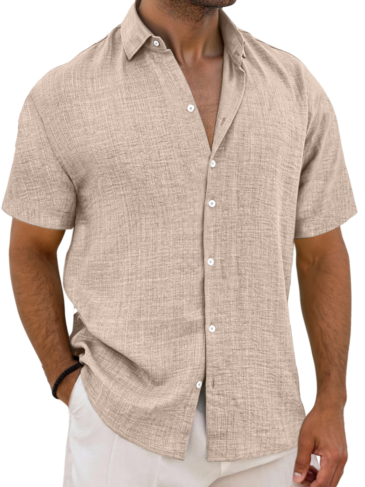 Men's Simple Solid Color Breathable Loose Lapel Short-sleeved Shirt