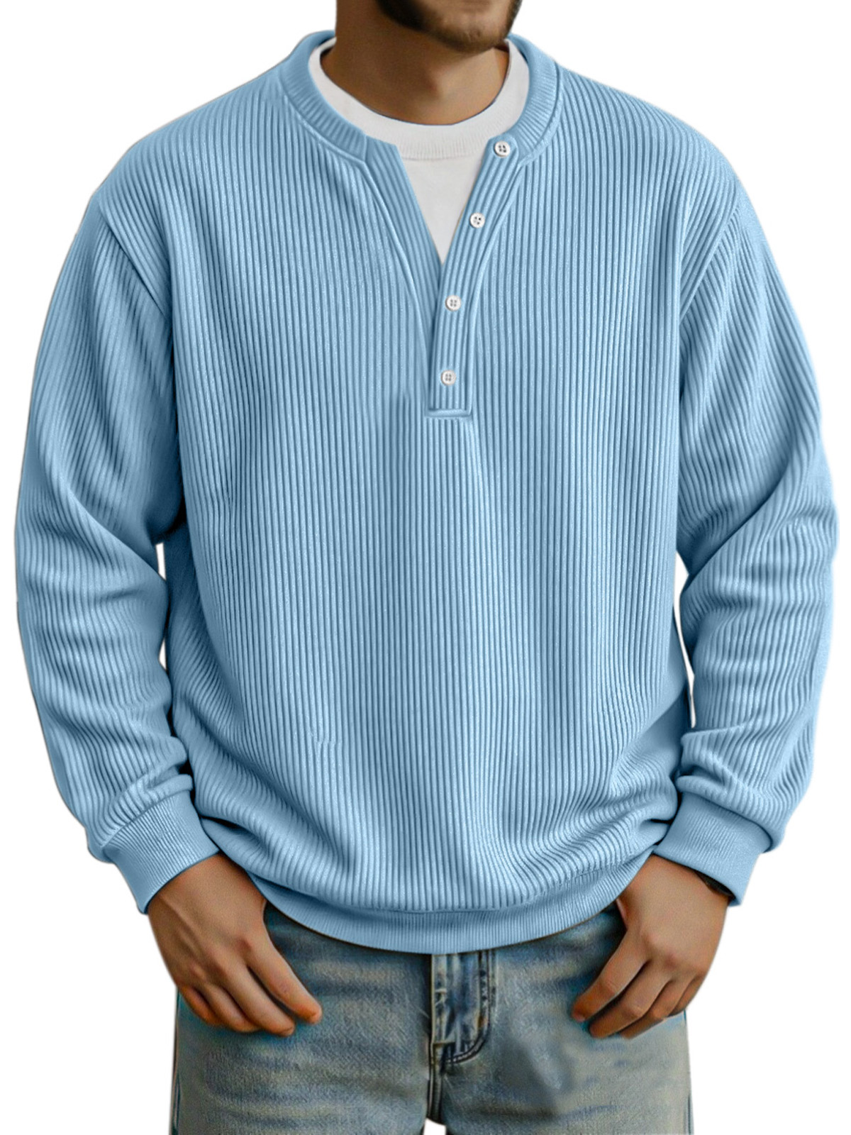 Men's Fashionable Vertical Pit Strip Fake Two-piece Button Design Long-sleeved Top