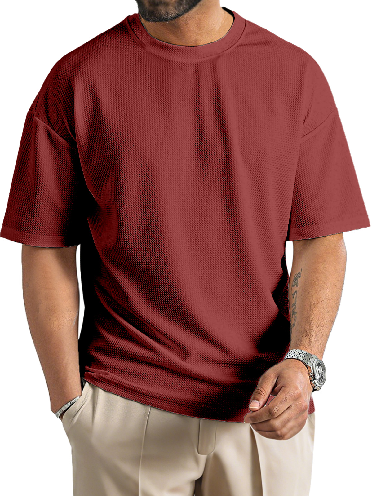 Men's Daily Solid Color Waffle Texture Round Neck Short-sleeved T-shirt