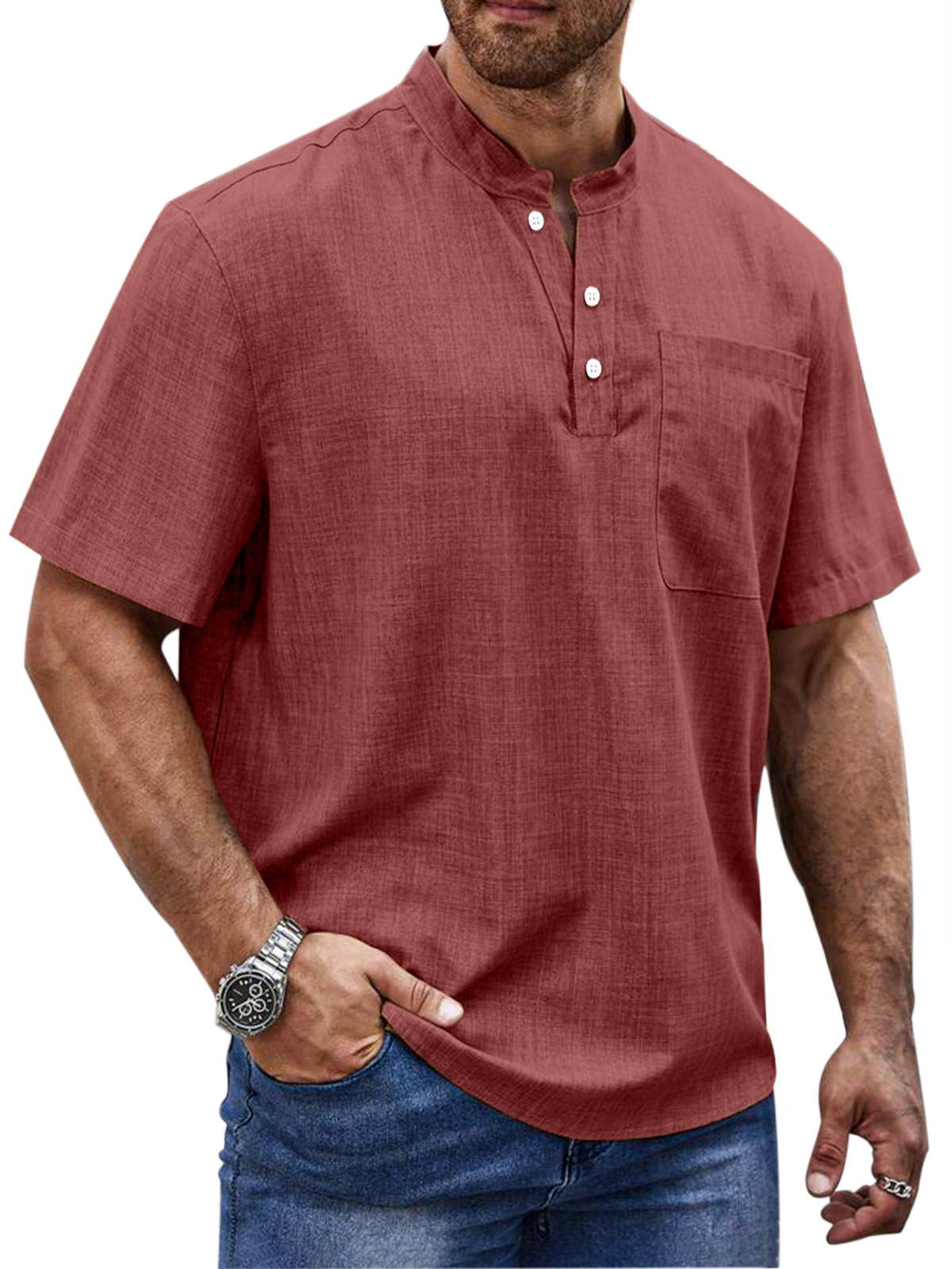 Men's Simple Daily Solid Color Short Sleeve Button Stand Collar Polo Shirt