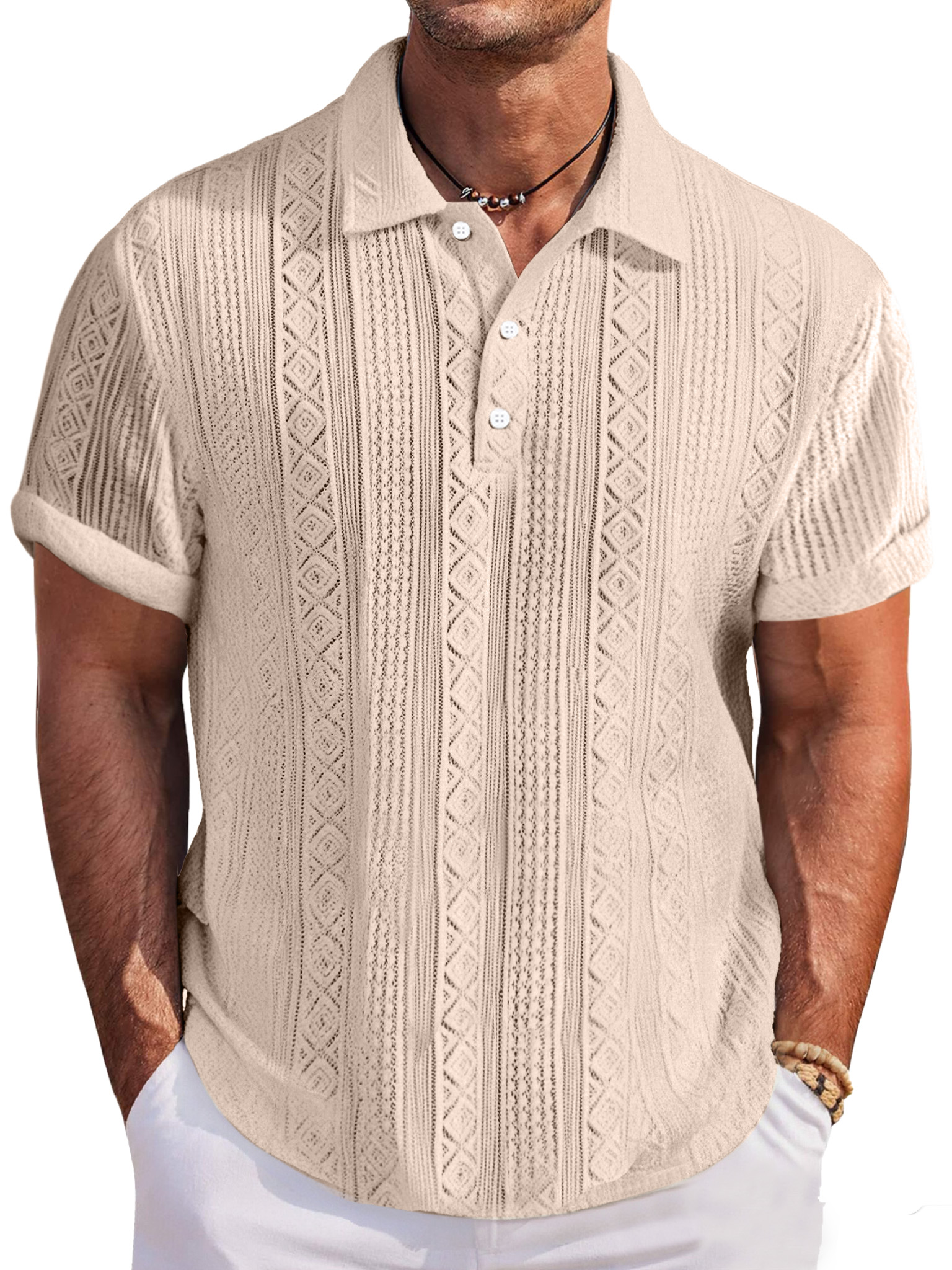 Men's Casual And Comfortable Solid Color Textured Short-sleeved Lapel Polo Shirt