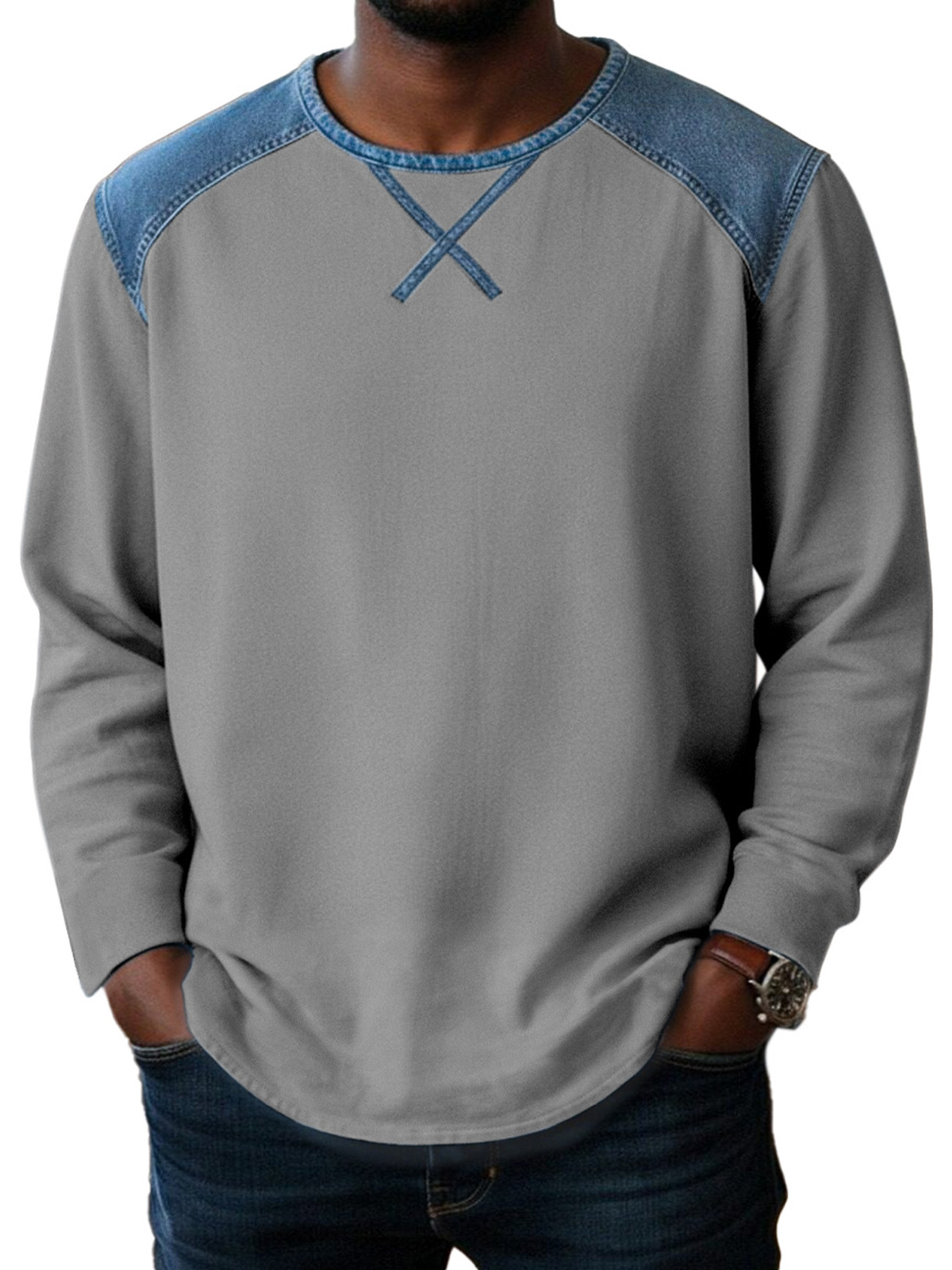 Basic Casual Inverted Triangle Design Spliced ​​round Neck Long-sleeved T-shirt