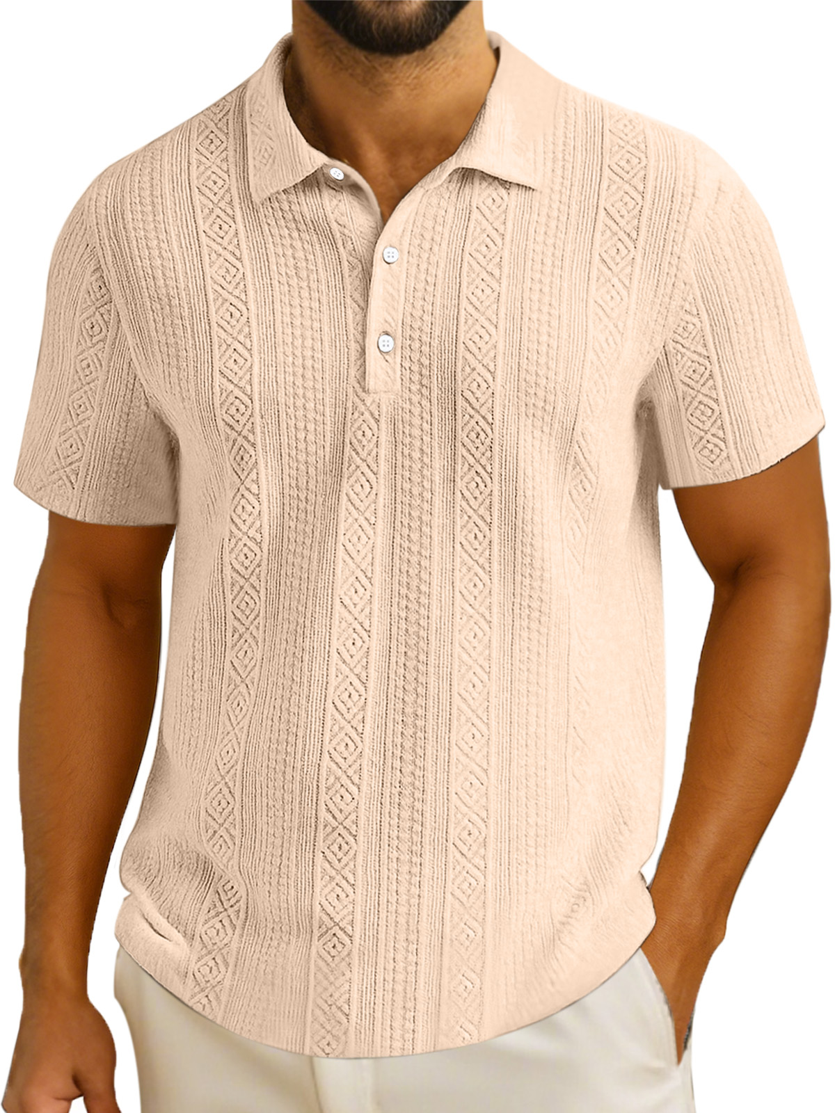 Men's Simple Solid Color Textured Lapel Button Short-sleeved Polo Shirt